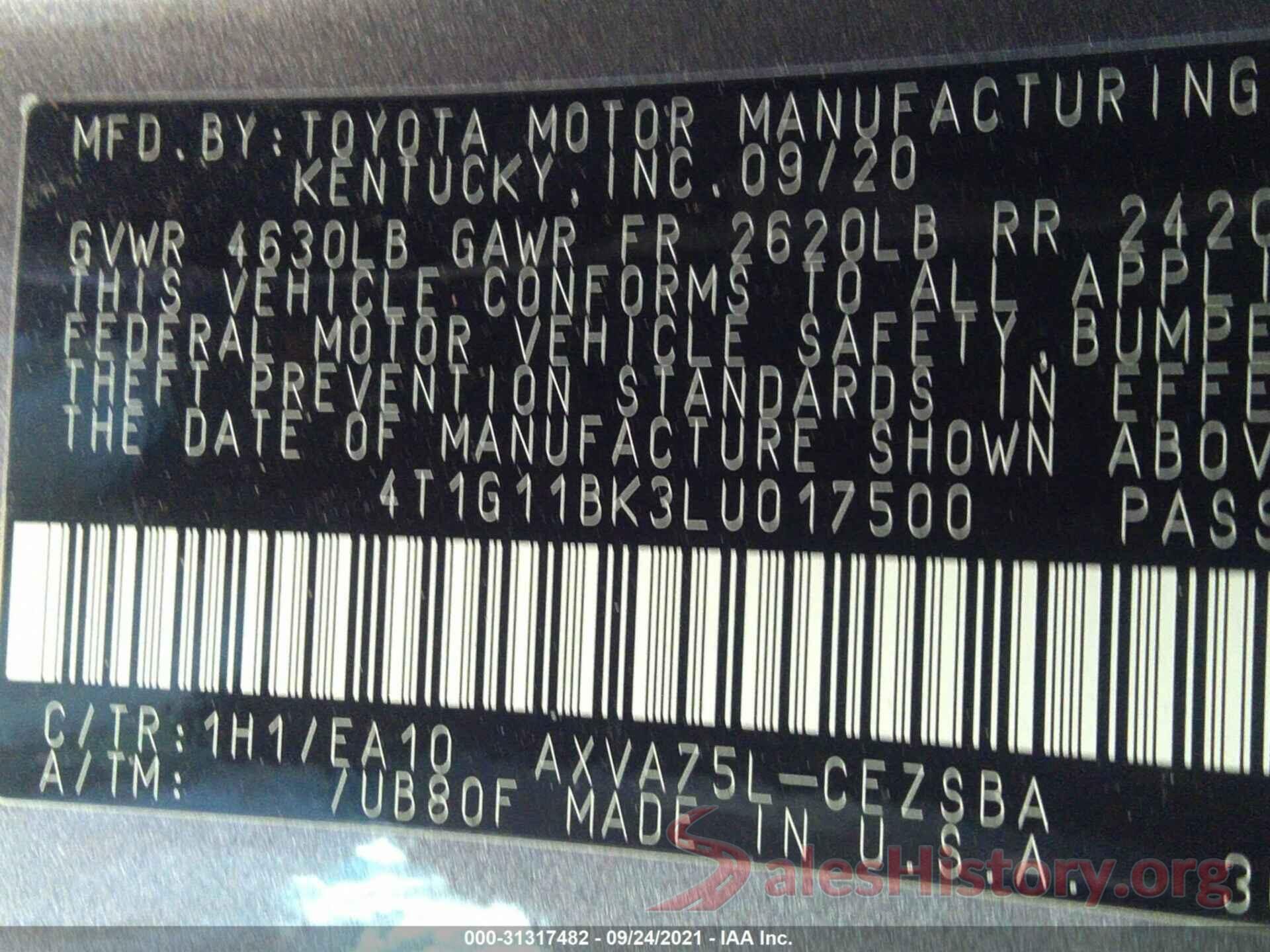 4T1G11BK3LU017500 2020 TOYOTA CAMRY