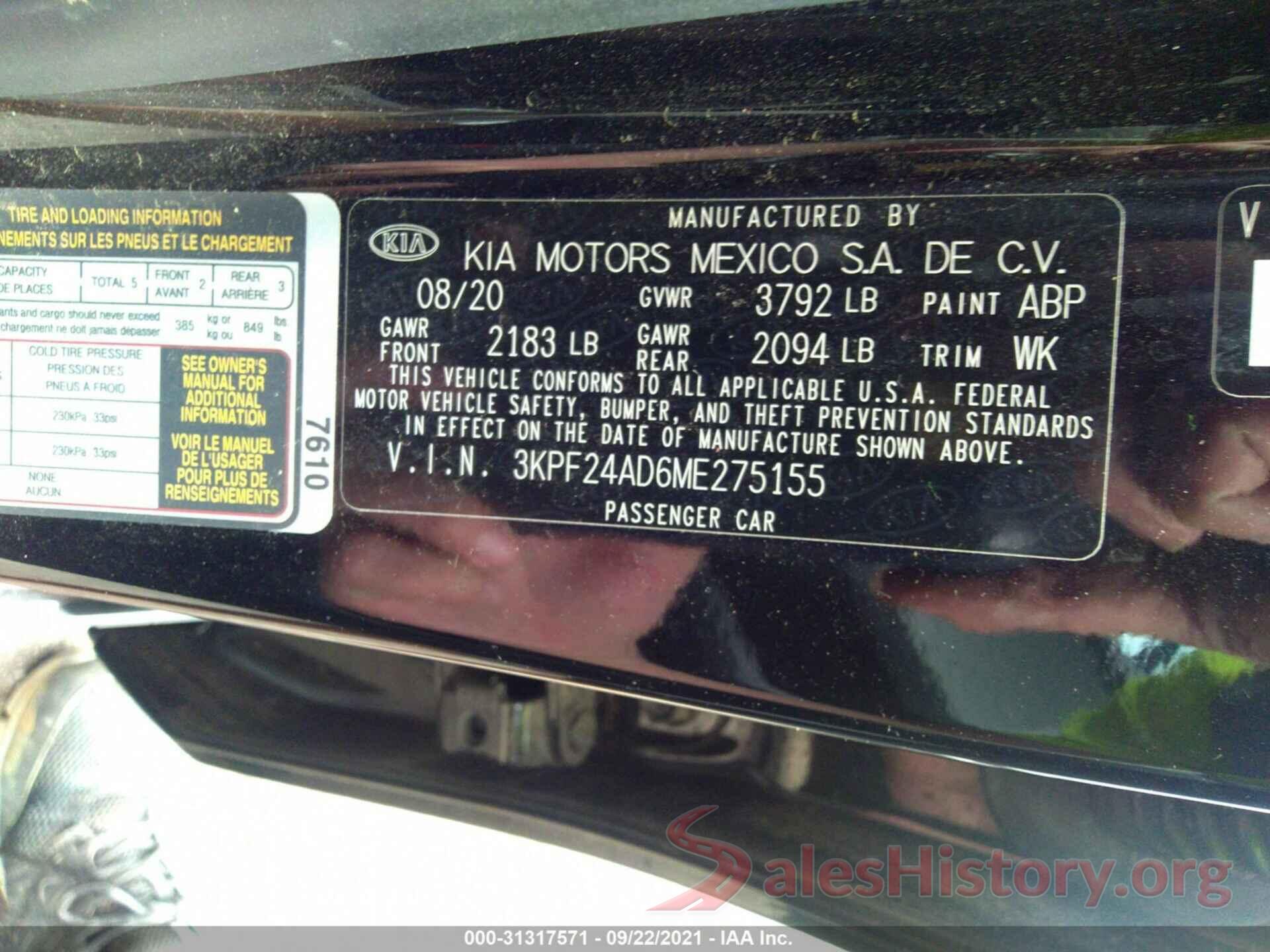 3KPF24AD6ME275155 2021 KIA FORTE