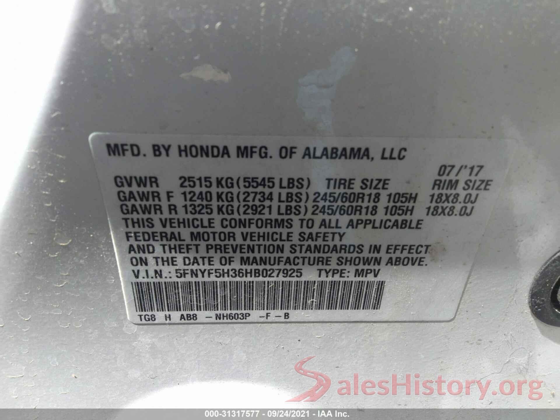 5FNYF5H36HB027925 2017 HONDA PILOT