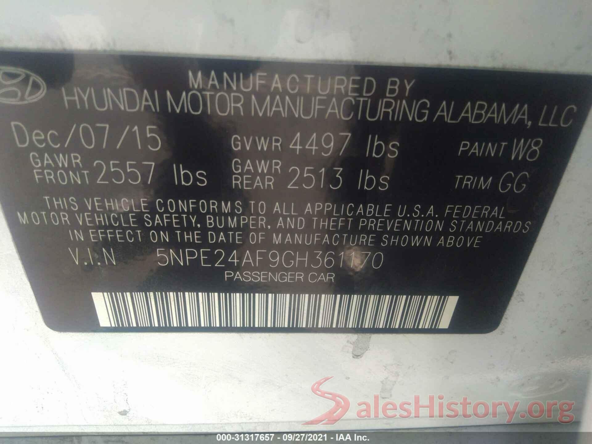 5NPE24AF9GH361170 2016 HYUNDAI SONATA