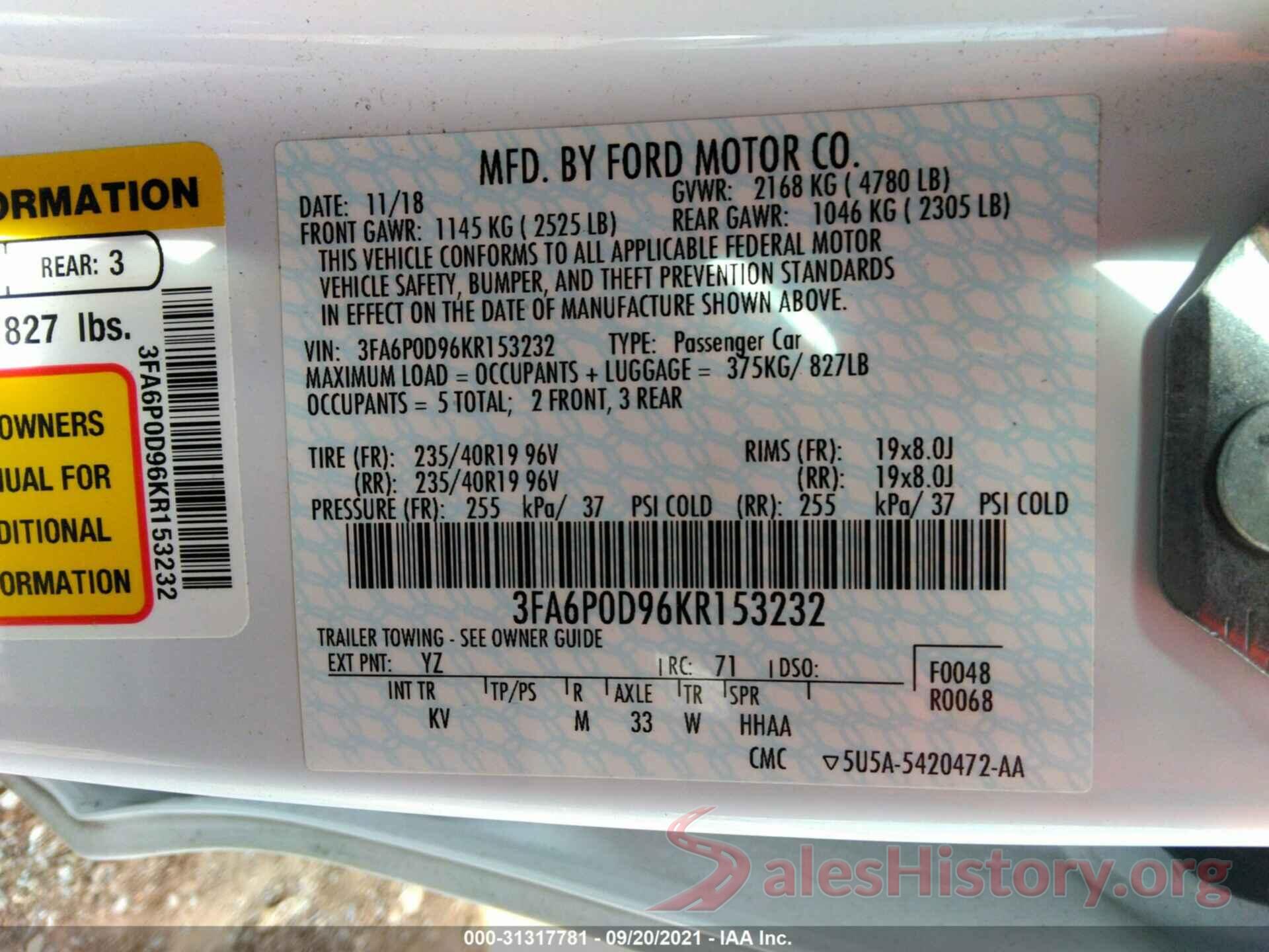 3FA6P0D96KR153232 2019 FORD FUSION