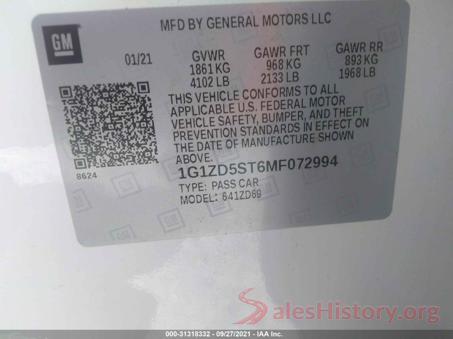 1G1ZD5ST6MF072994 2021 CHEVROLET MALIBU