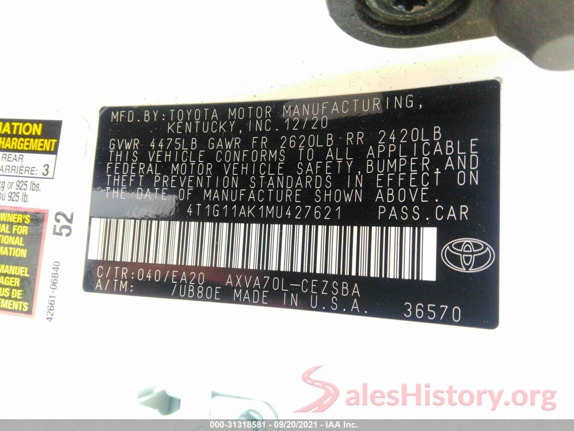 4T1G11AK1MU427621 2021 TOYOTA CAMRY