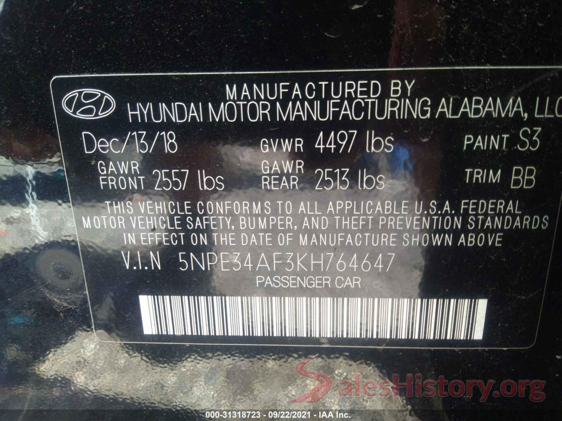 5NPE34AF3KH764647 2019 HYUNDAI SONATA