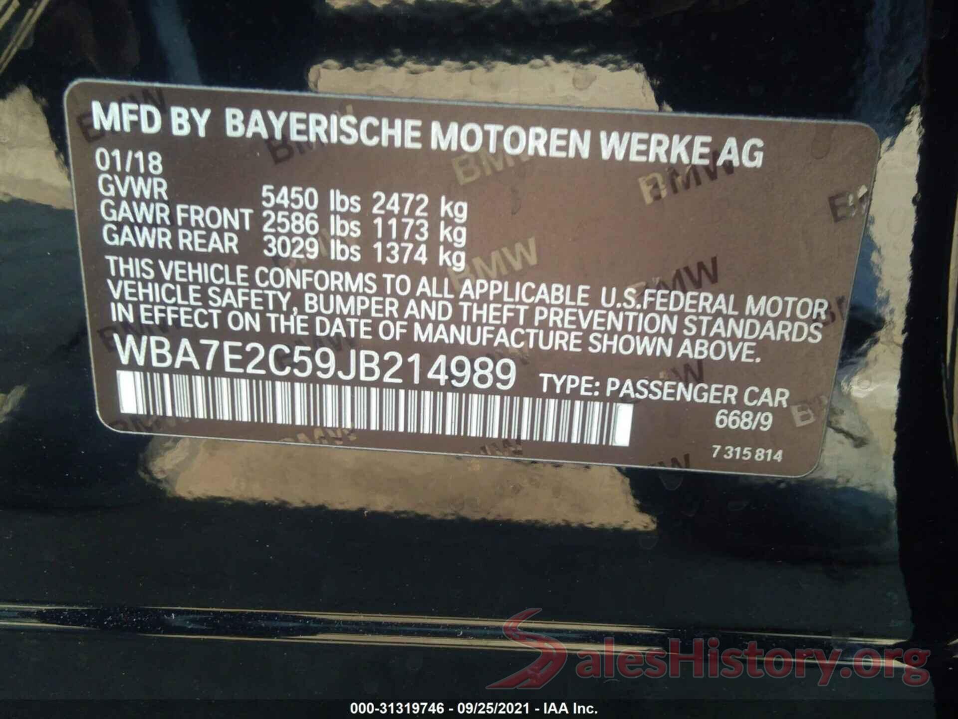 WBA7E2C59JB214989 2018 BMW 7 SERIES