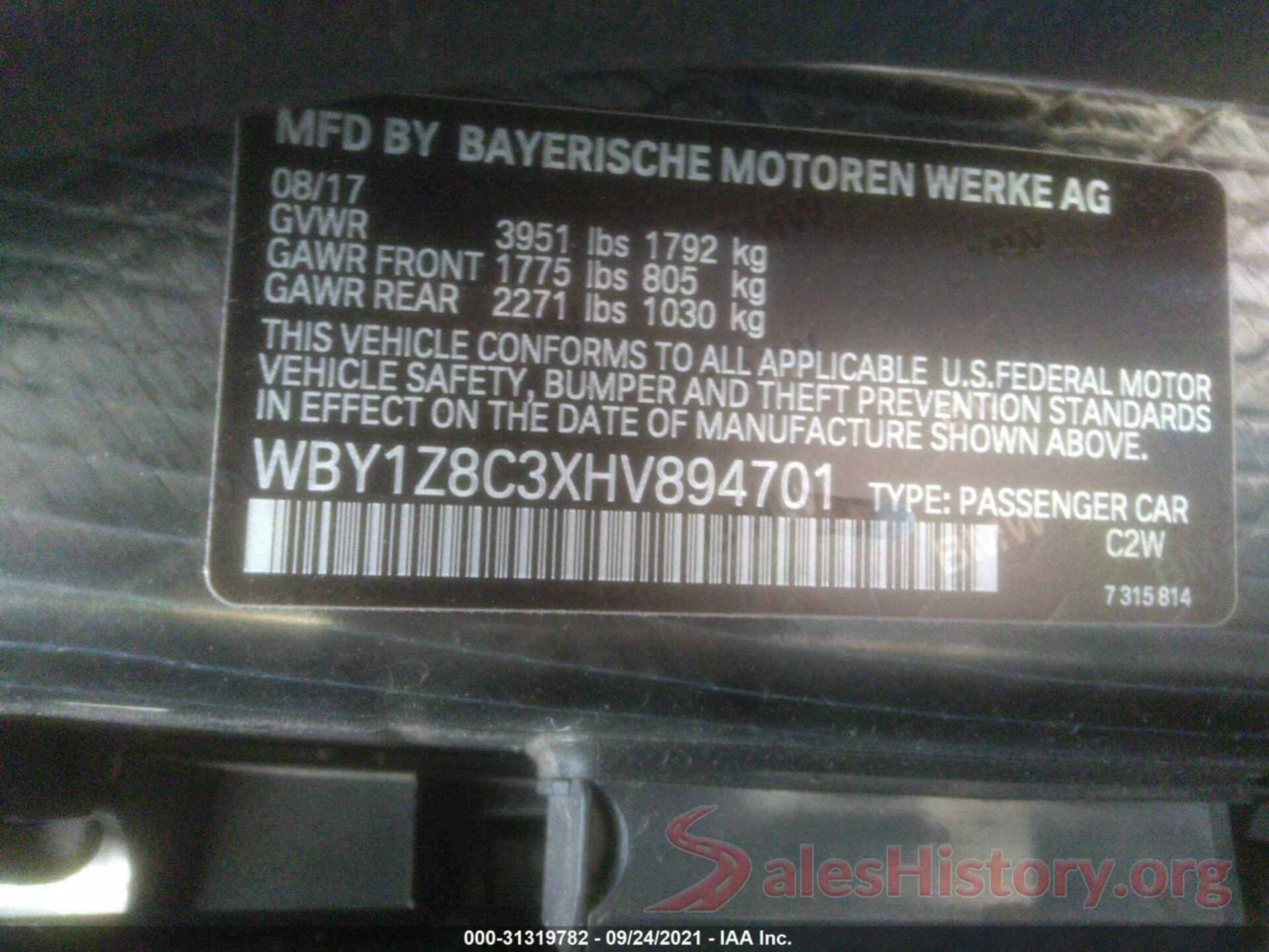 WBY1Z8C3XHV894701 2017 BMW I3