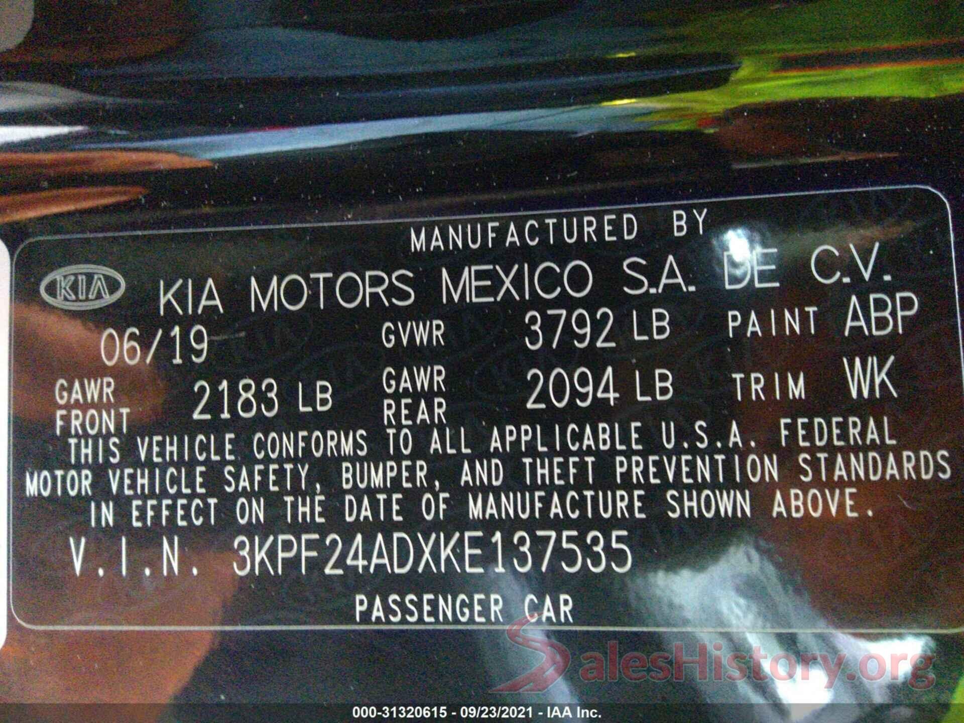 3KPF24ADXKE137535 2019 KIA FORTE