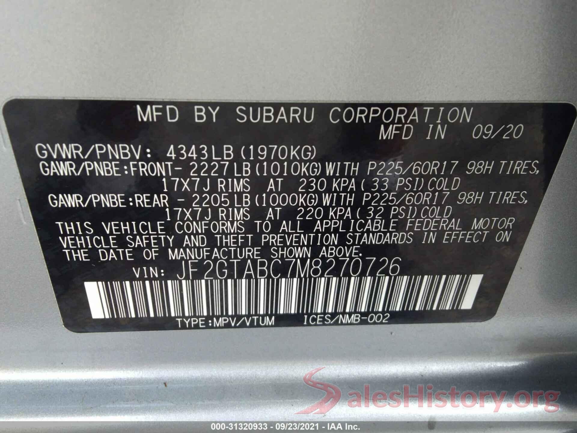 JF2GTABC7M8270726 2021 SUBARU CROSSTREK