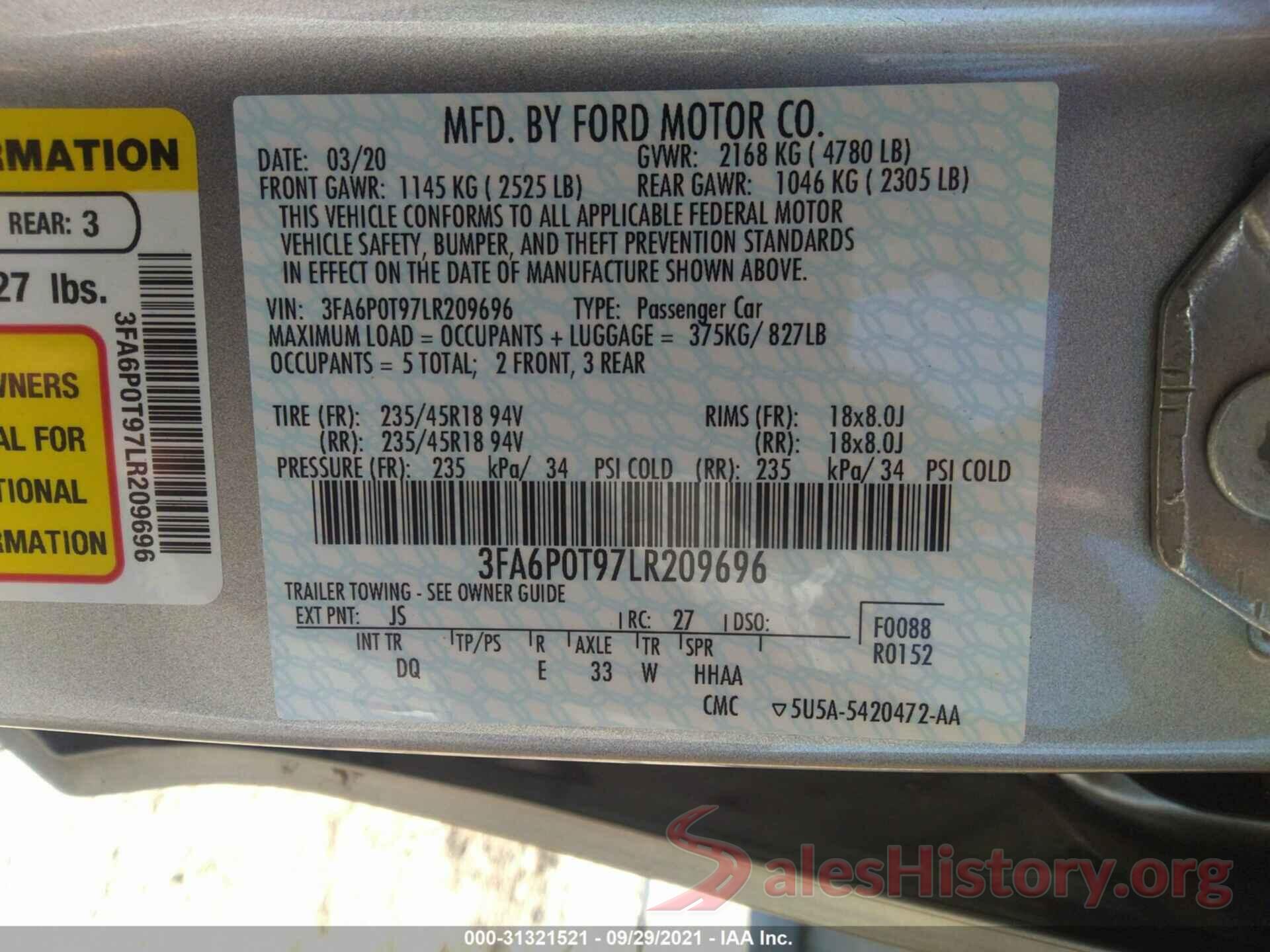 3FA6P0T97LR209696 2020 FORD FUSION