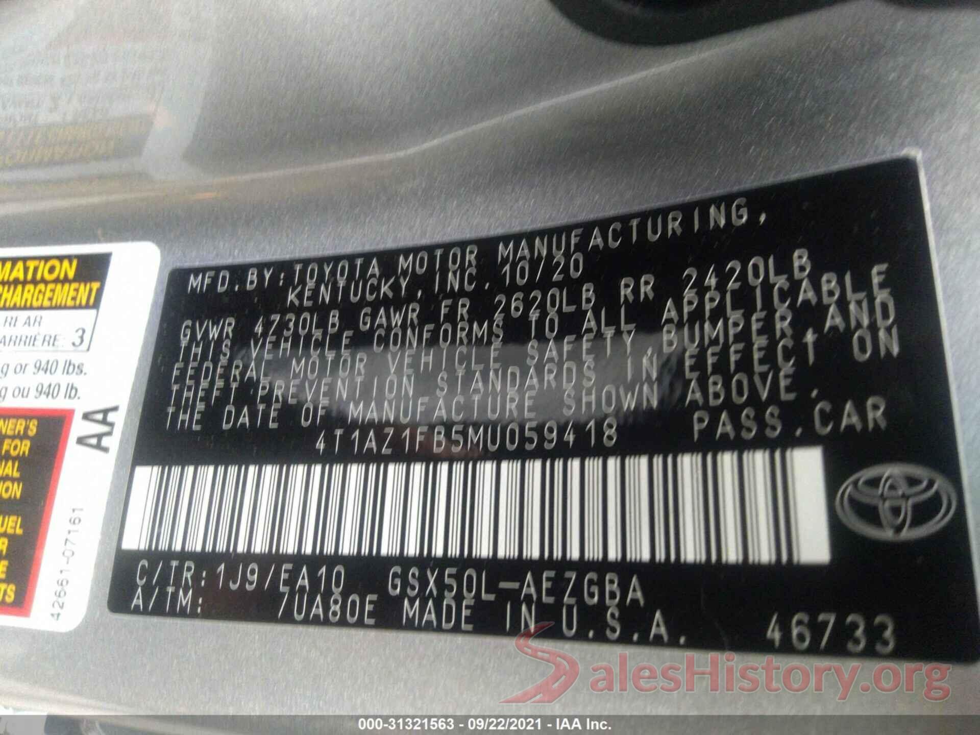 4T1AZ1FB5MU059418 2021 TOYOTA AVALON