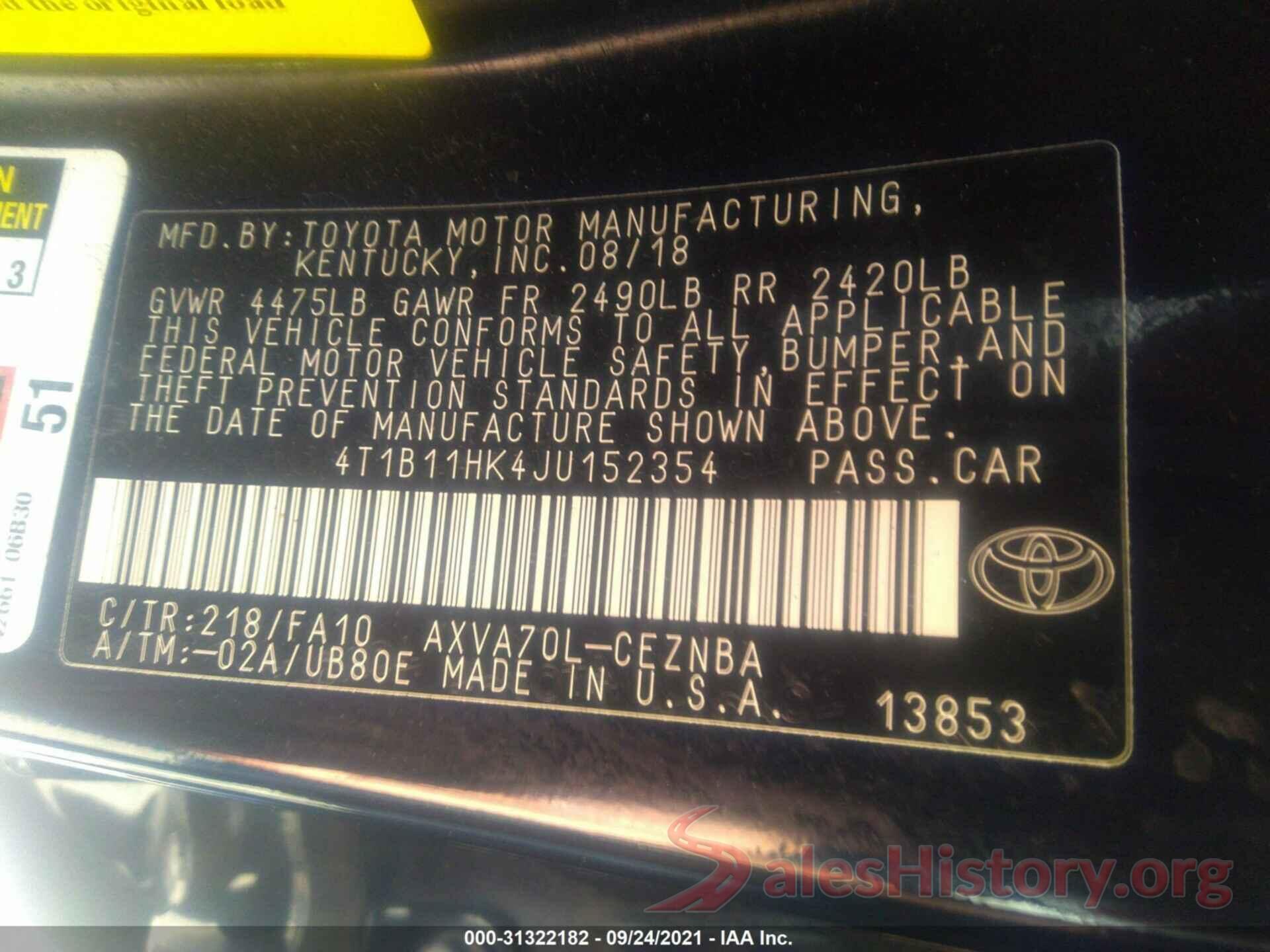 4T1B11HK4JU152354 2018 TOYOTA CAMRY