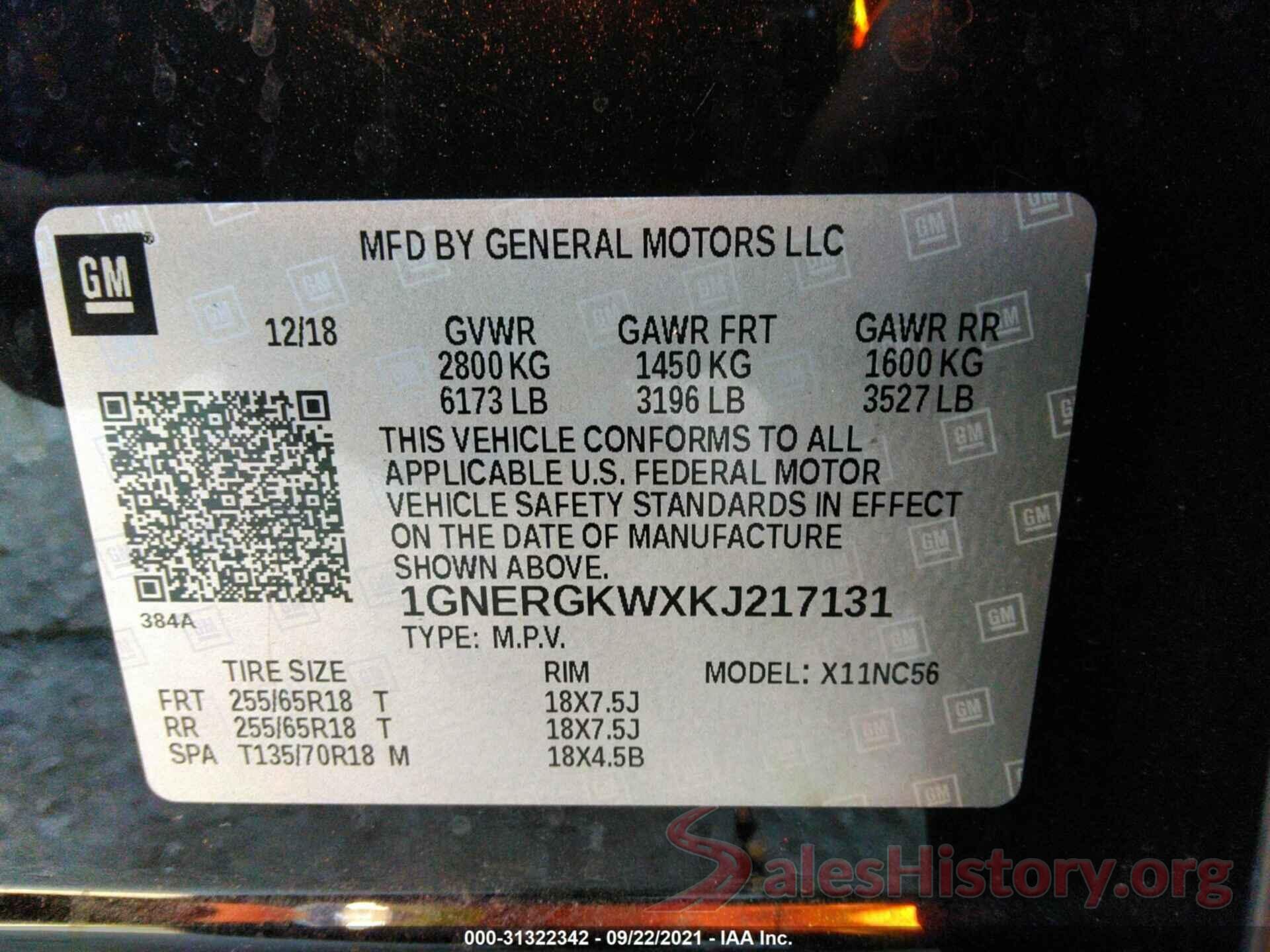 1GNERGKWXKJ217131 2019 CHEVROLET TRAVERSE