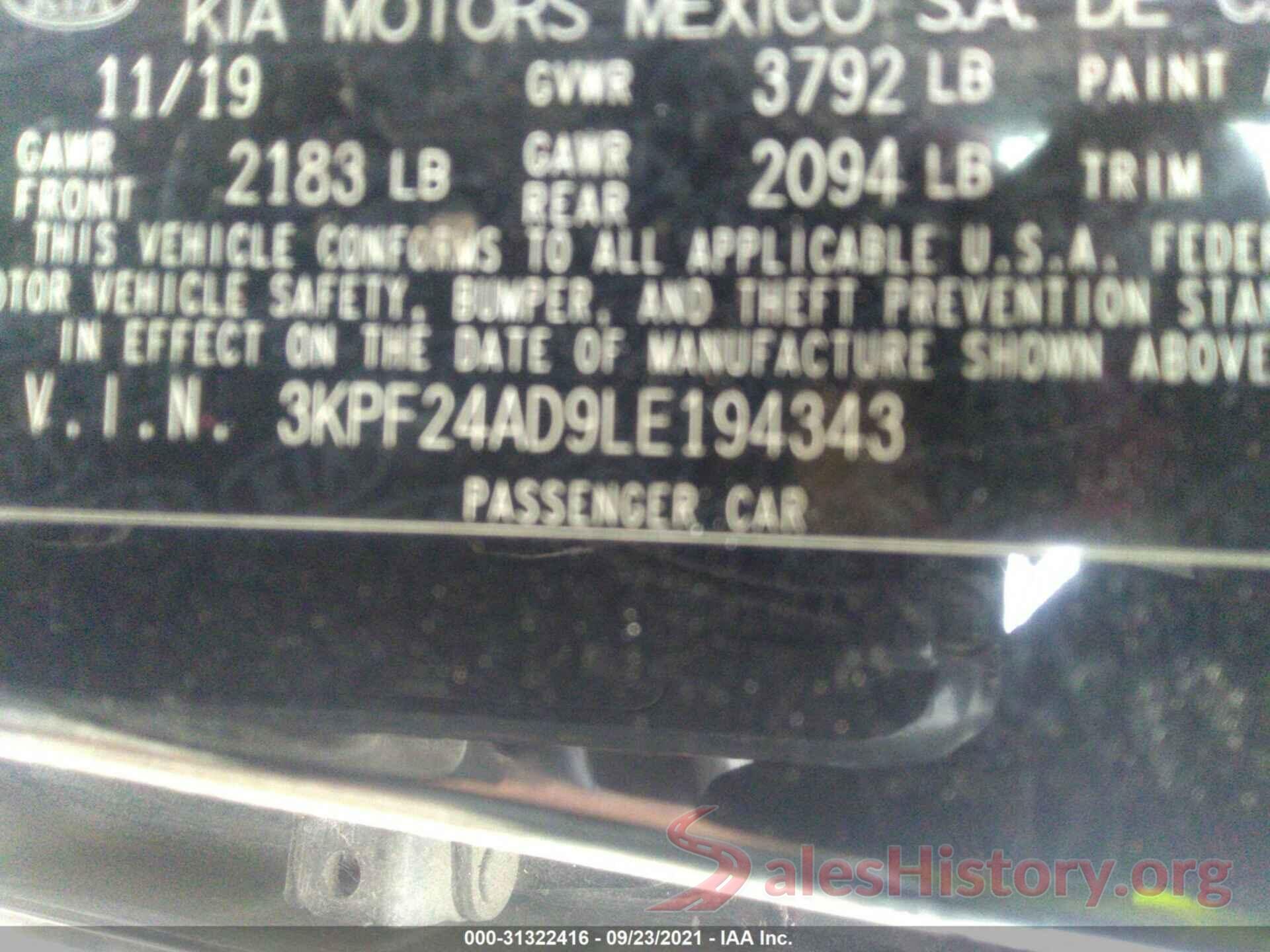 3KPF24AD9LE194343 2020 KIA FORTE