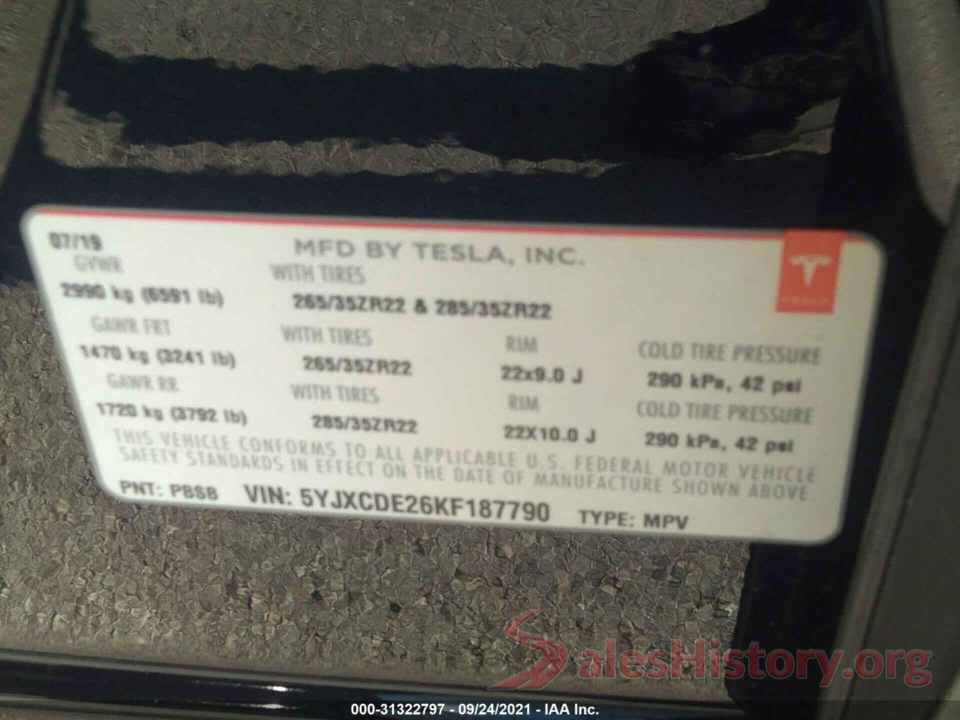 5YJXCDE26KF187790 2019 TESLA MODEL X