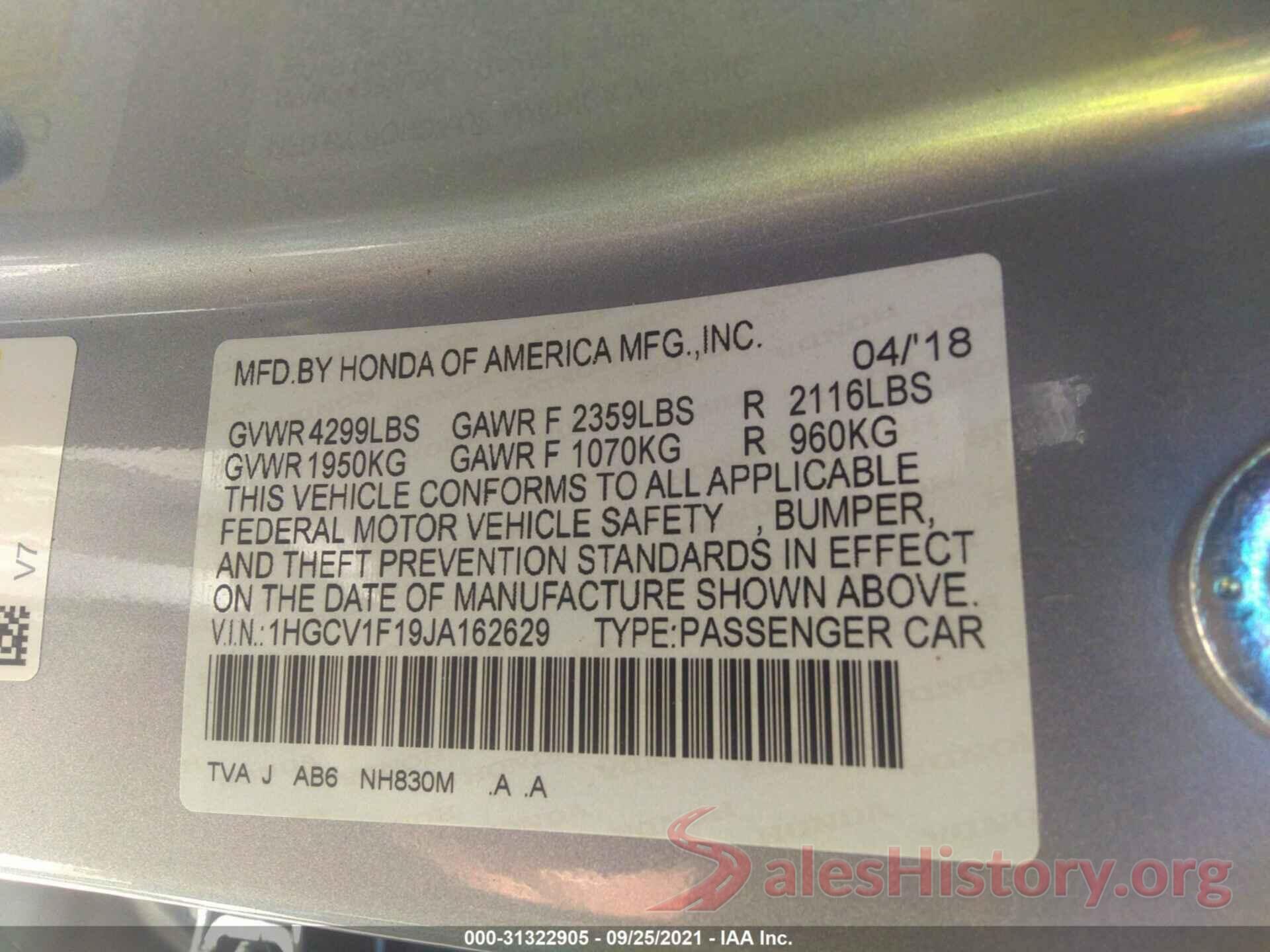 1HGCV1F19JA162629 2018 HONDA ACCORD SEDAN