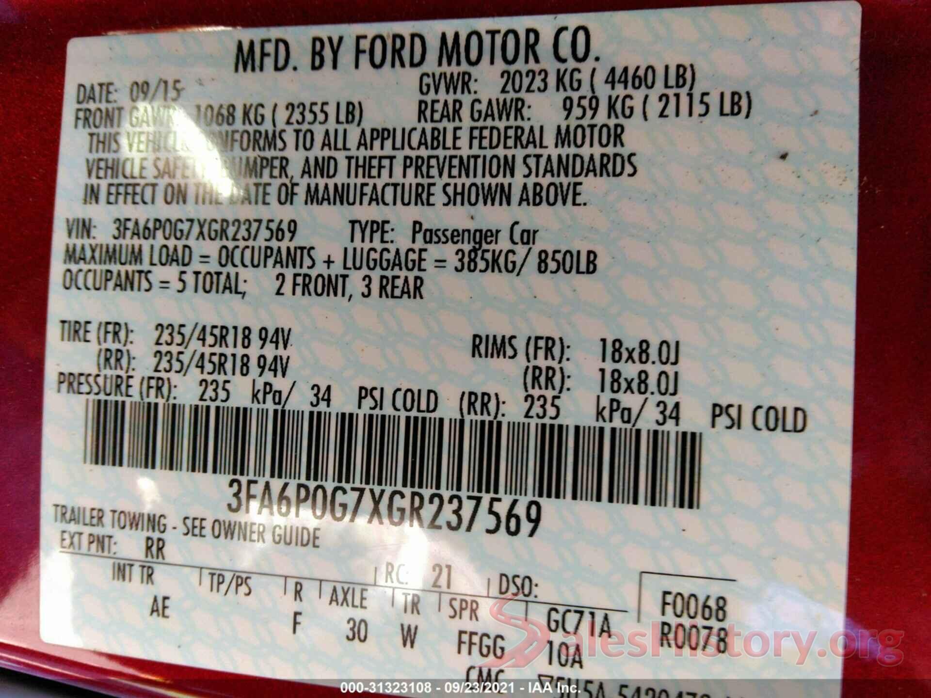 3FA6P0G7XGR237569 2016 FORD FUSION