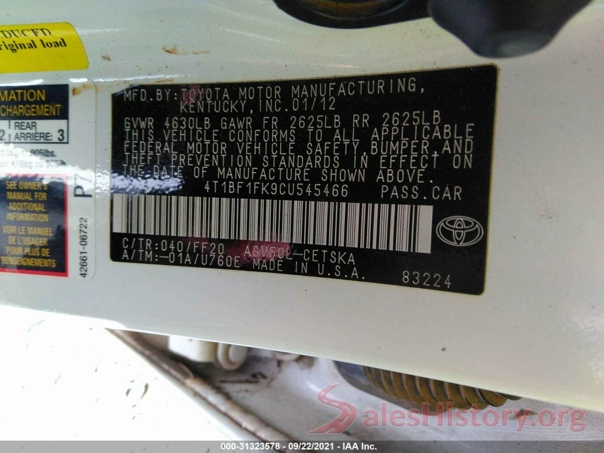 4T1BF1FK9CU545466 2012 TOYOTA CAMRY