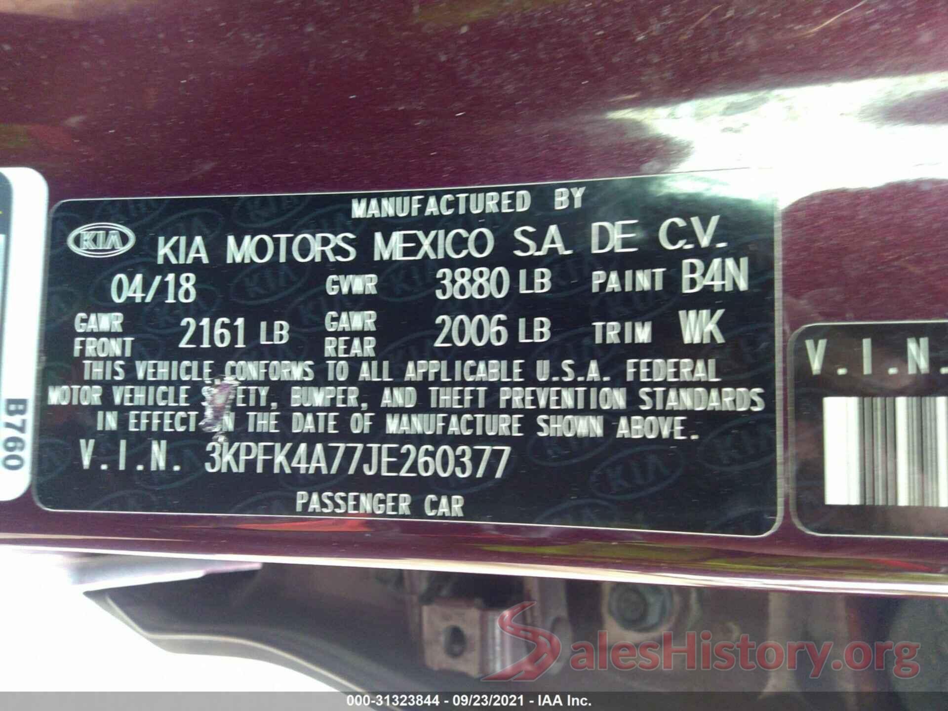 3KPFK4A77JE260377 2018 KIA FORTE