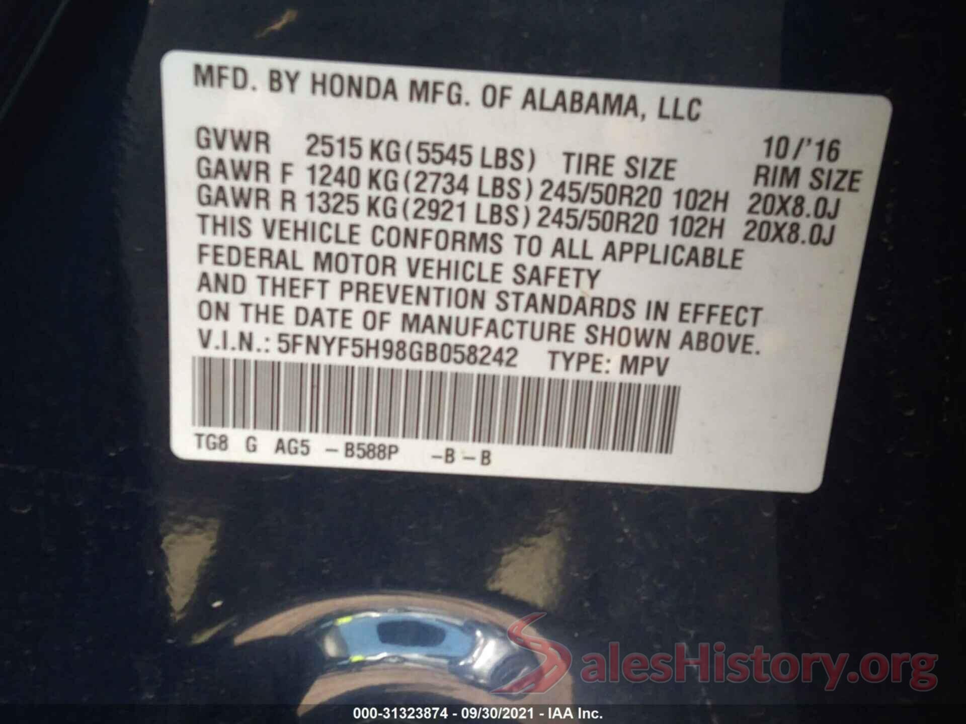 5FNYF5H98GB058242 2016 HONDA PILOT