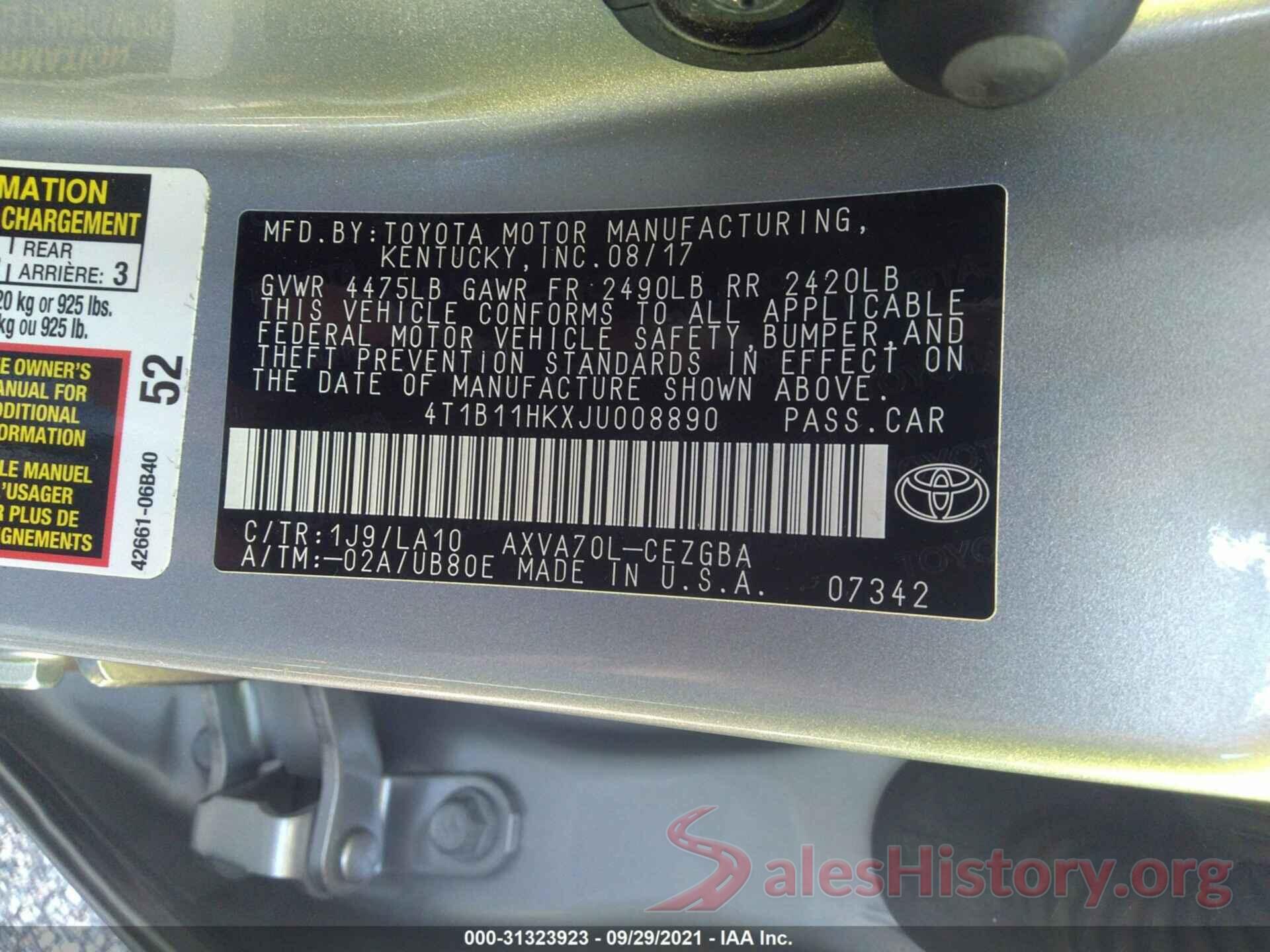 4T1B11HKXJU008890 2018 TOYOTA CAMRY