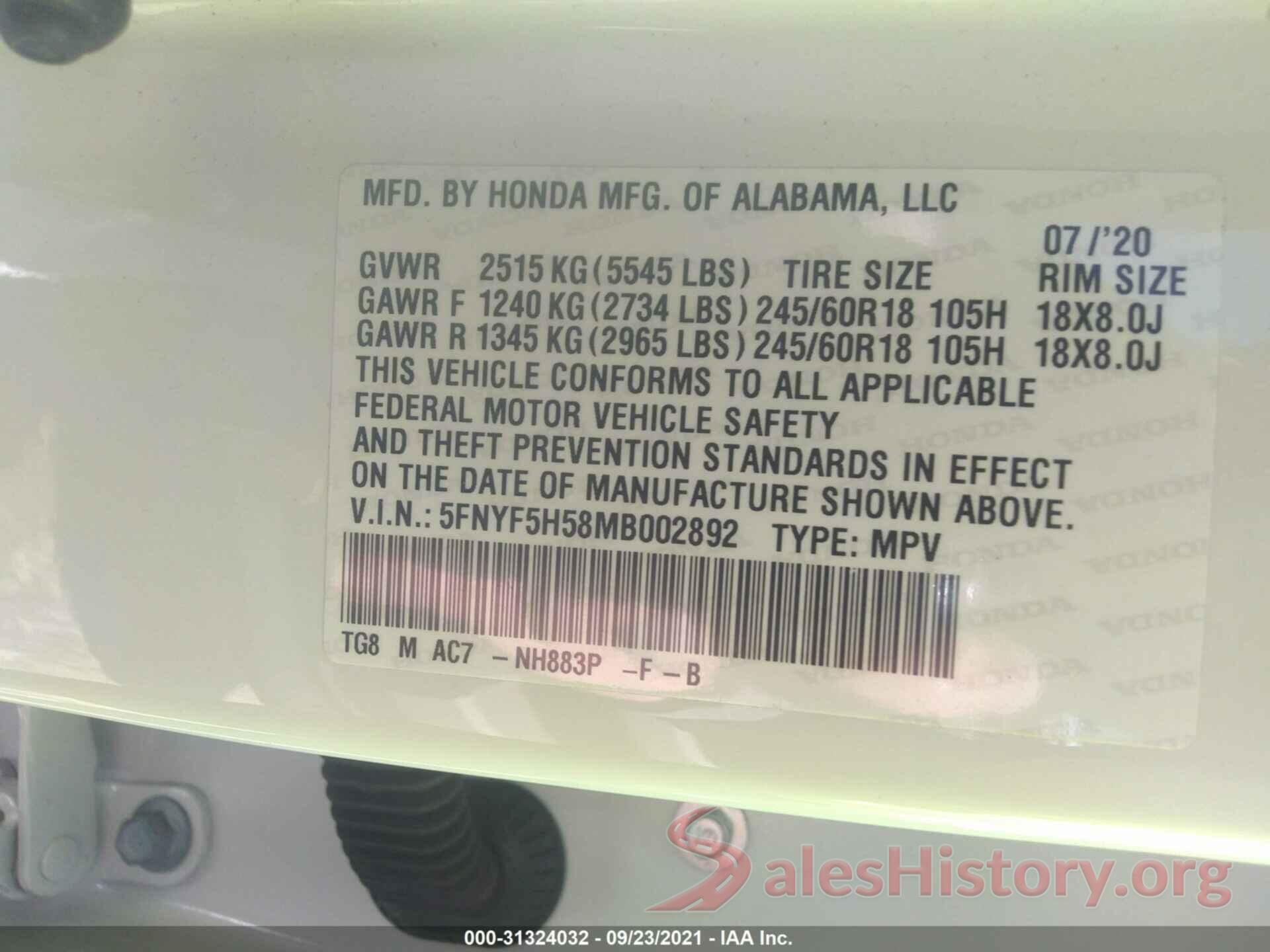 5FNYF5H58MB002892 2021 HONDA PILOT