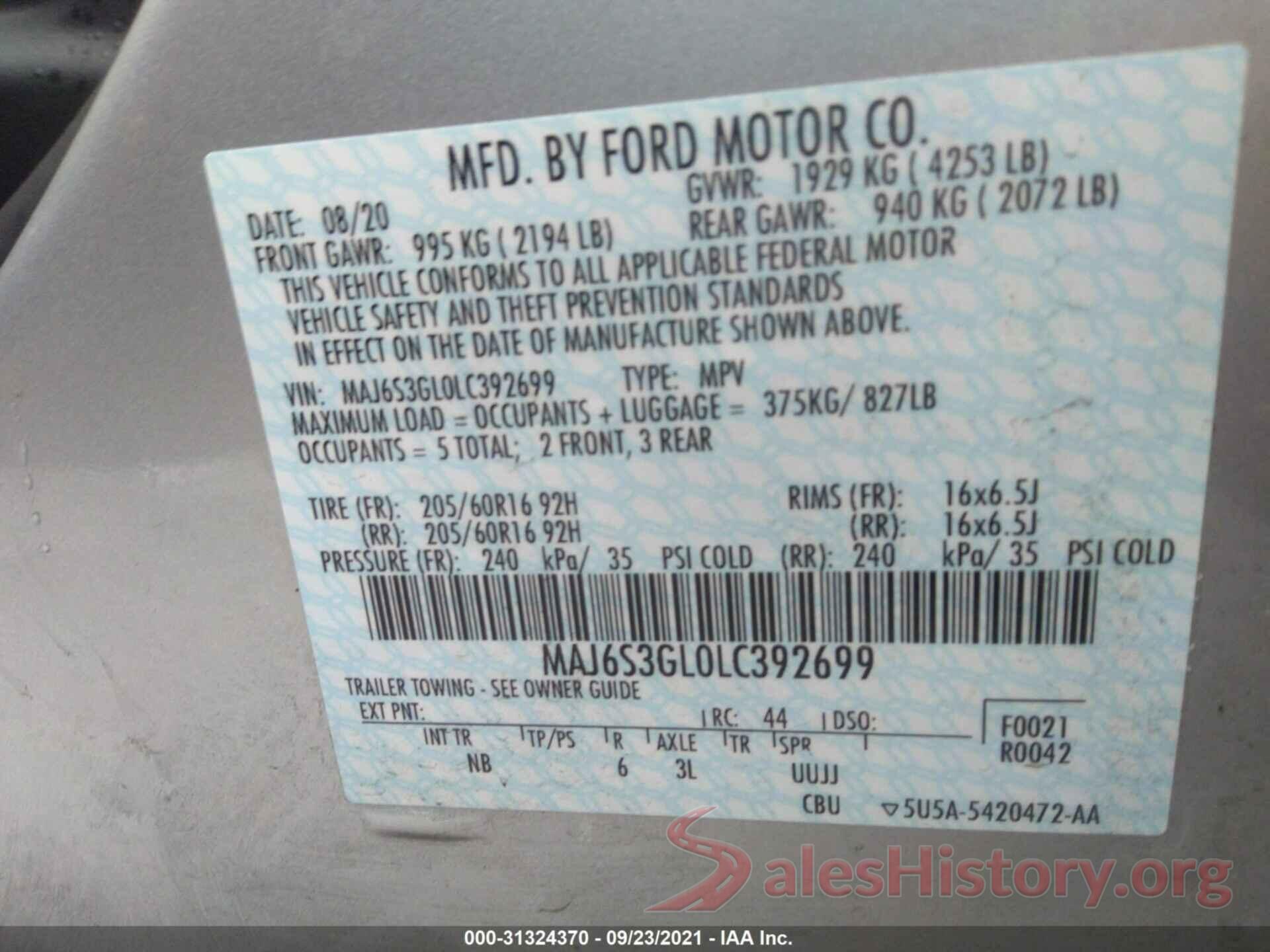 MAJ6S3GL0LC392699 2020 FORD ECOSPORT