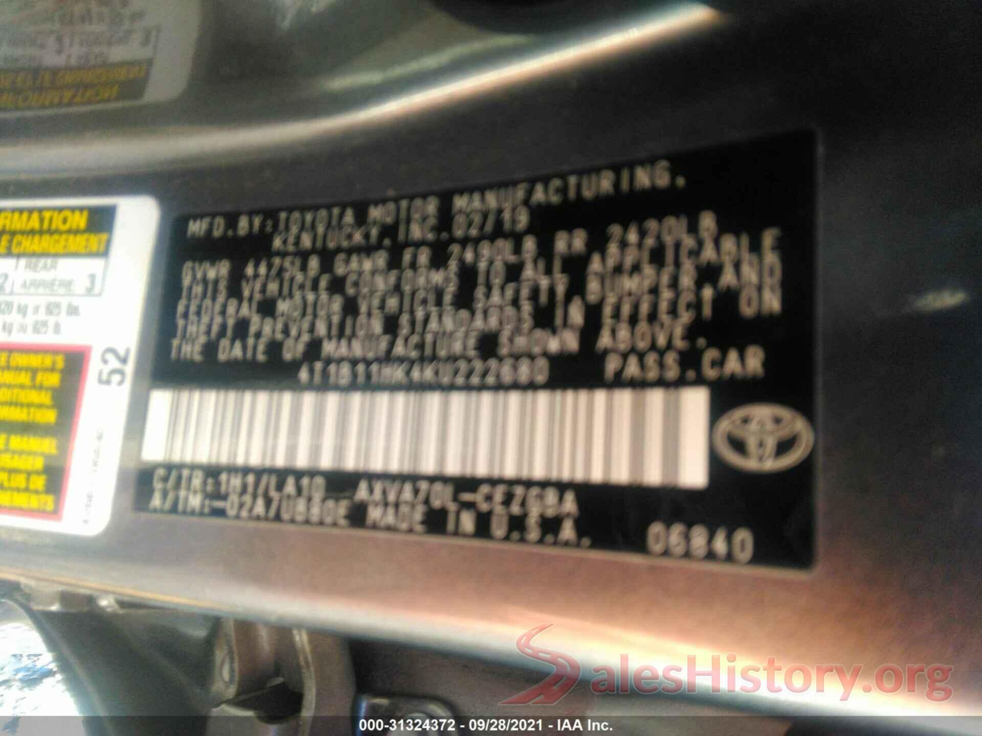 4T1B11HK4KU222680 2019 TOYOTA CAMRY