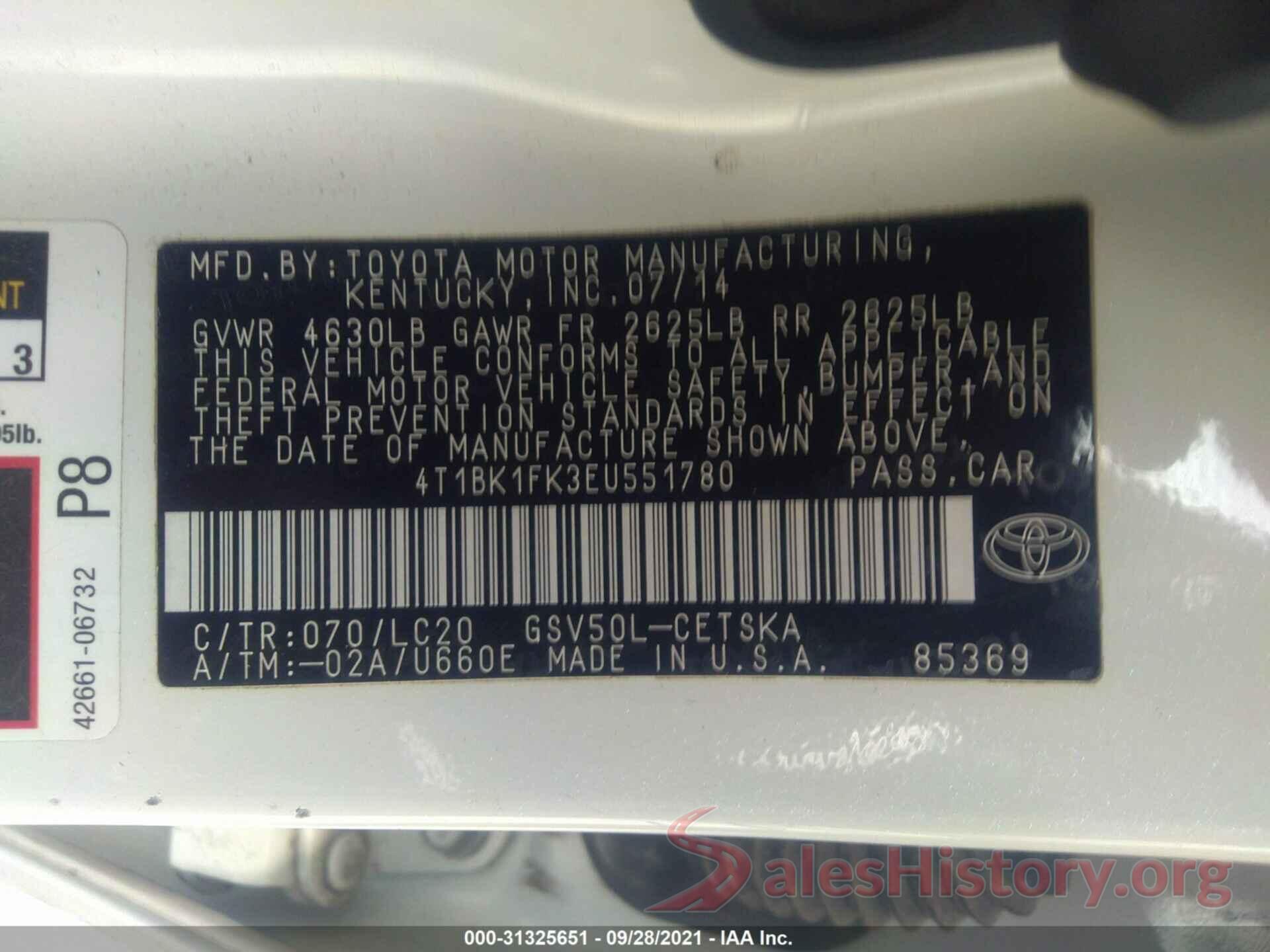 4T1BK1FK3EU551780 2014 TOYOTA CAMRY