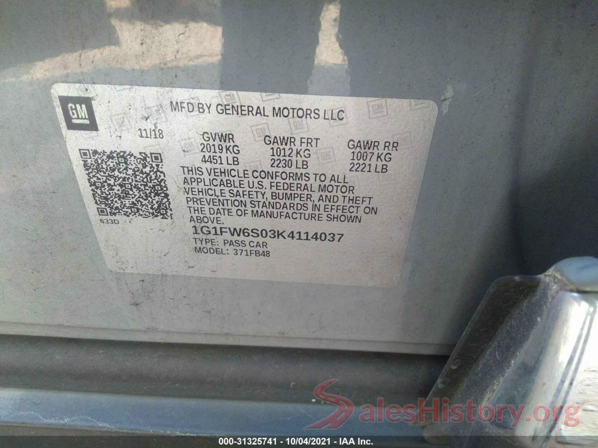 1G1FW6S03K4114037 2019 CHEVROLET BOLT EV