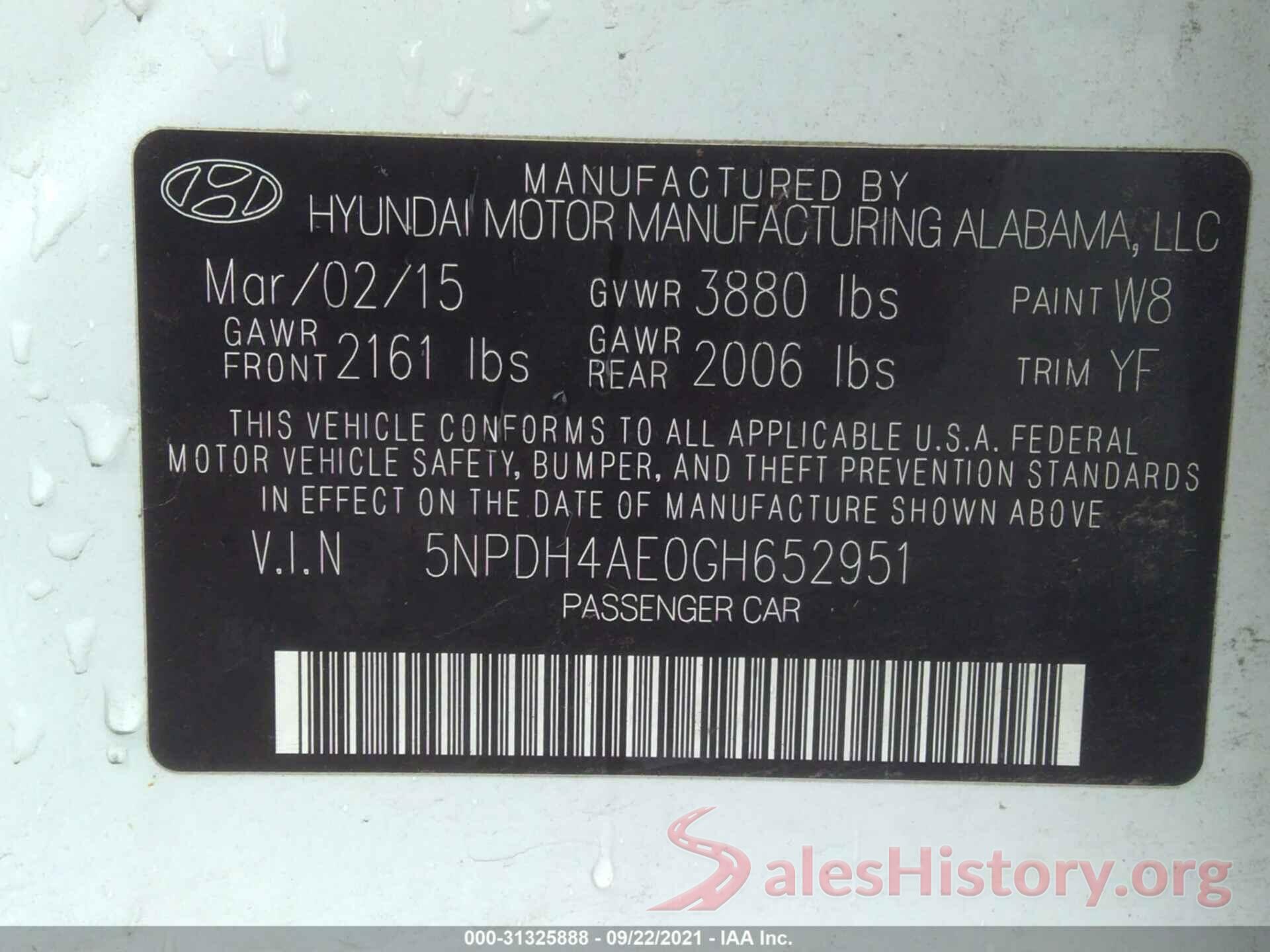 5NPDH4AE0GH652951 2016 HYUNDAI ELANTRA