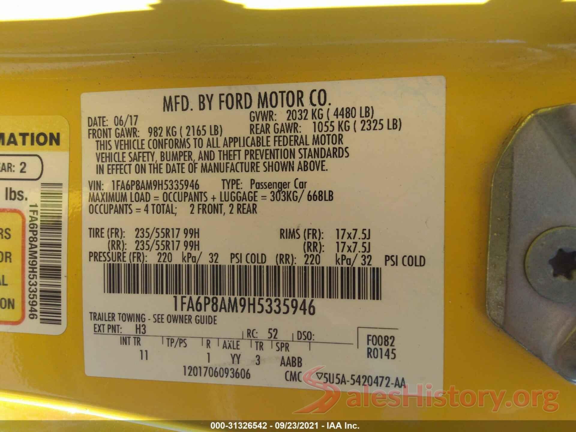 1FA6P8AM9H5335946 2017 FORD MUSTANG