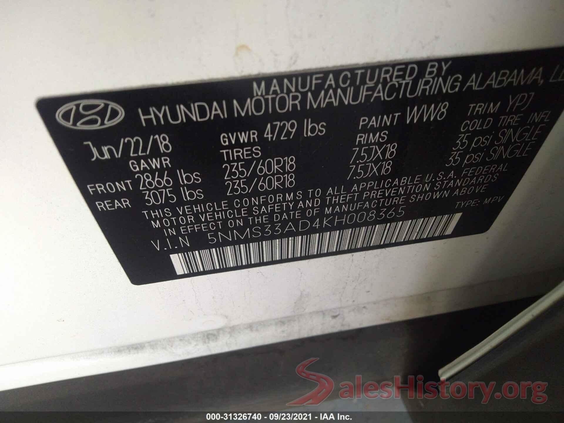 5NMS33AD4KH008365 2019 HYUNDAI SANTA FE