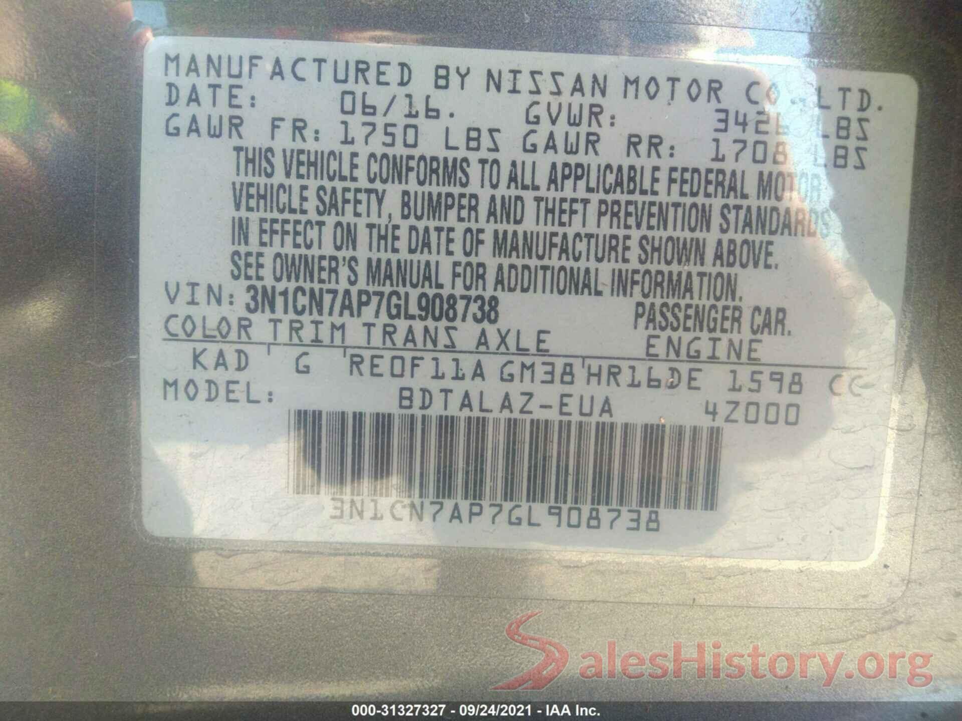 3N1CN7AP7GL908738 2016 NISSAN VERSA