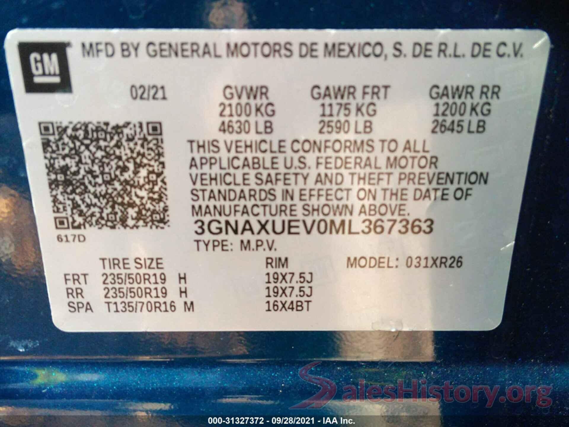 3GNAXUEV0ML367363 2021 CHEVROLET EQUINOX