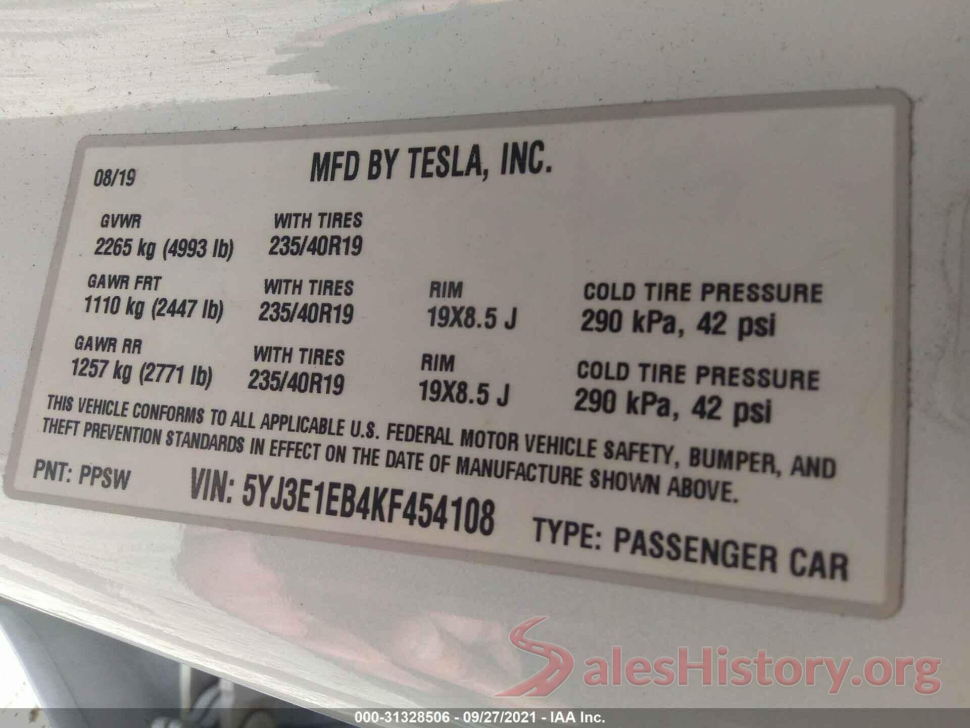 5YJ3E1EB4KF454108 2019 TESLA MODEL 3