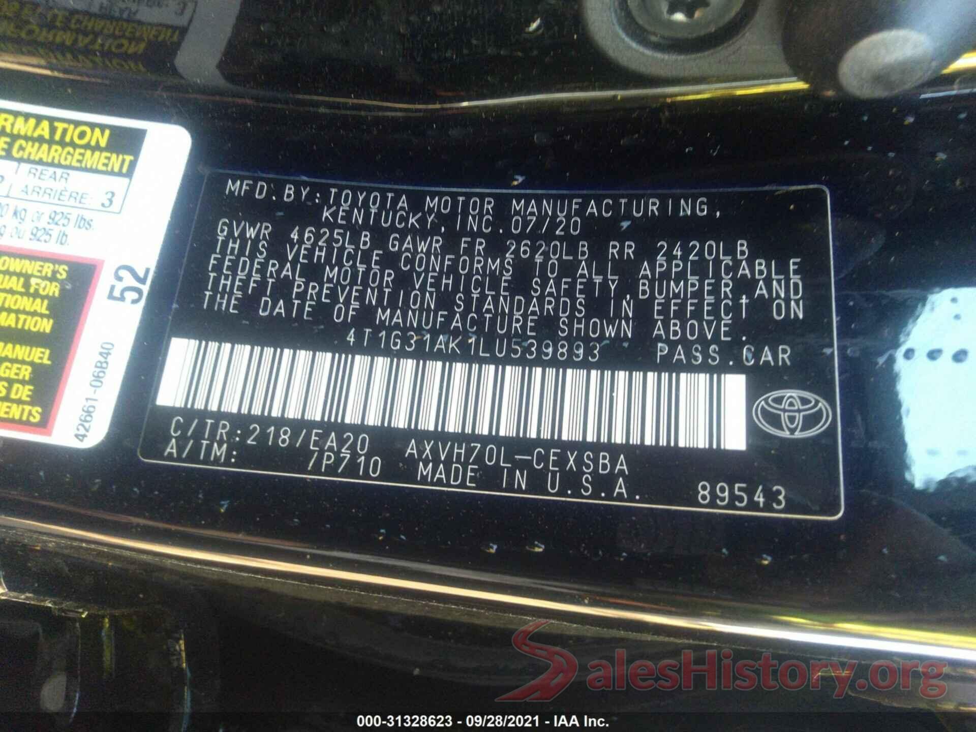 4T1G31AK1LU539893 2020 TOYOTA CAMRY