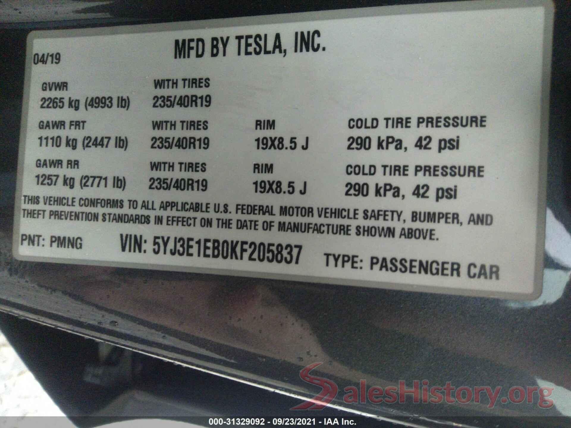 5YJ3E1EB0KF205837 2019 TESLA MODEL 3