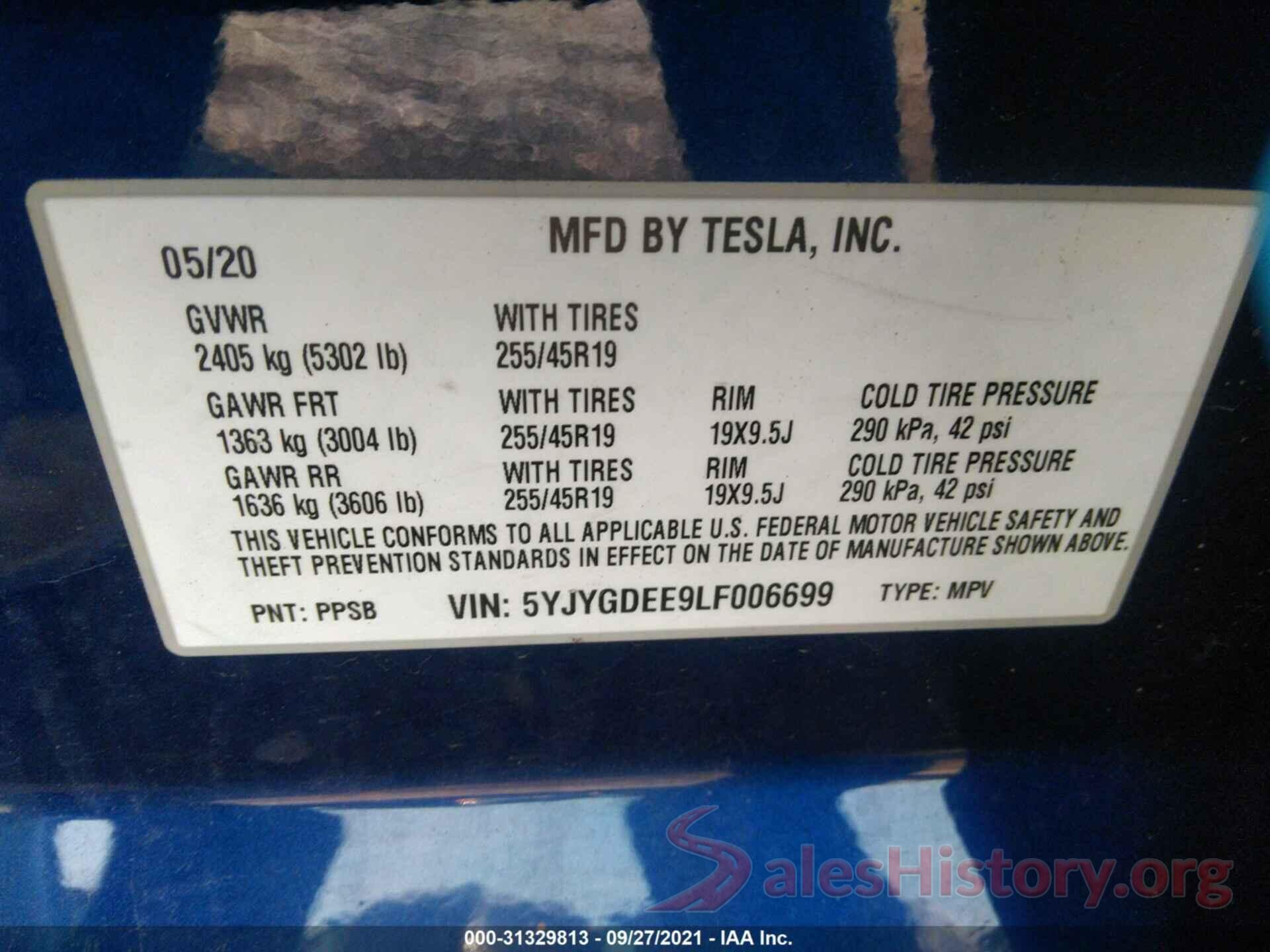 5YJYGDEE9LF006699 2020 TESLA MODEL Y