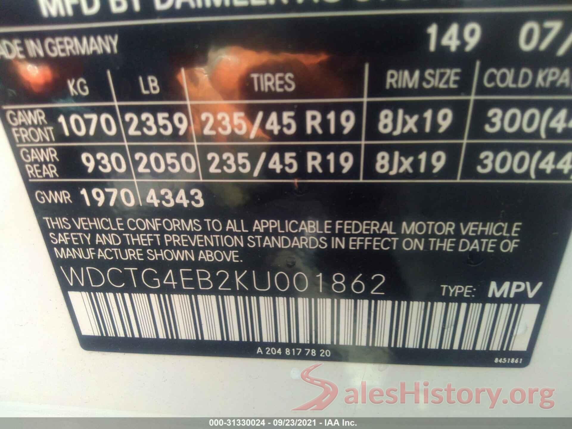 WDCTG4EB2KU001862 2019 MERCEDES-BENZ GLA