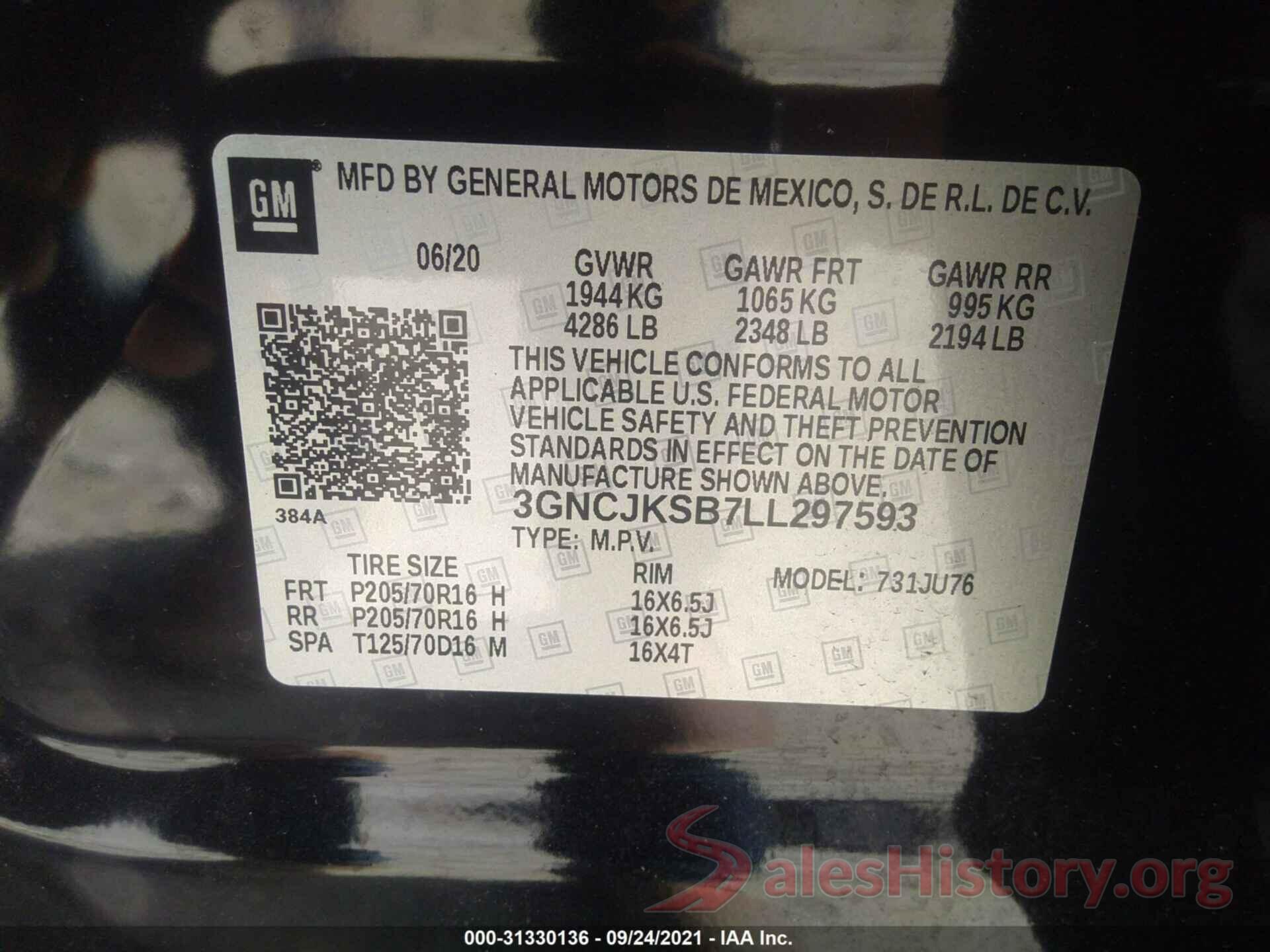 3GNCJKSB7LL297593 2020 CHEVROLET TRAX