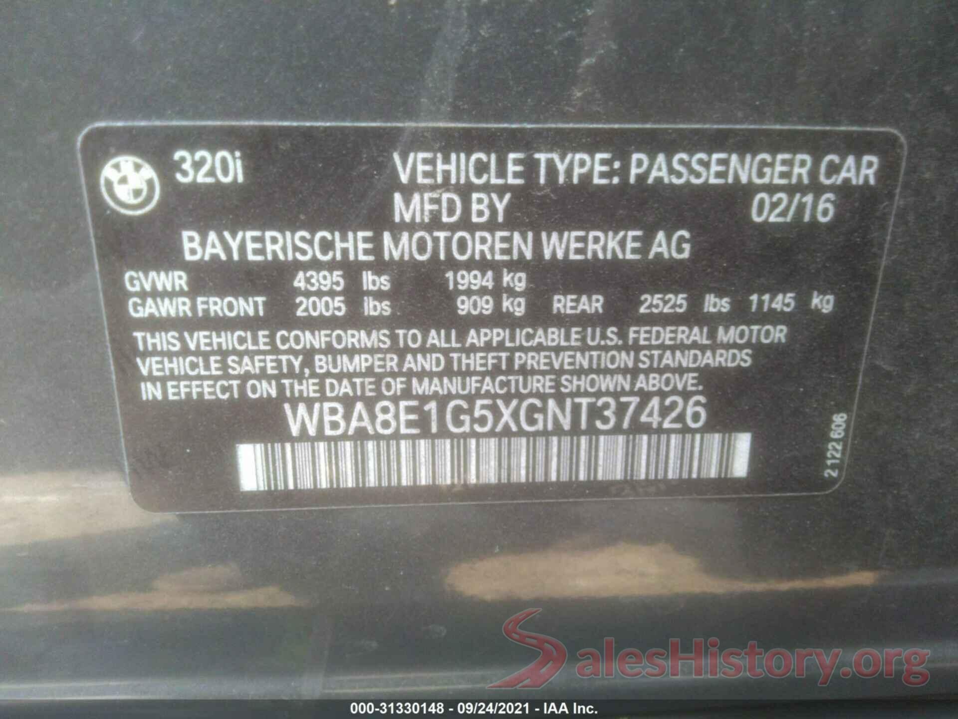 WBA8E1G5XGNT37426 2016 BMW 3 SERIES