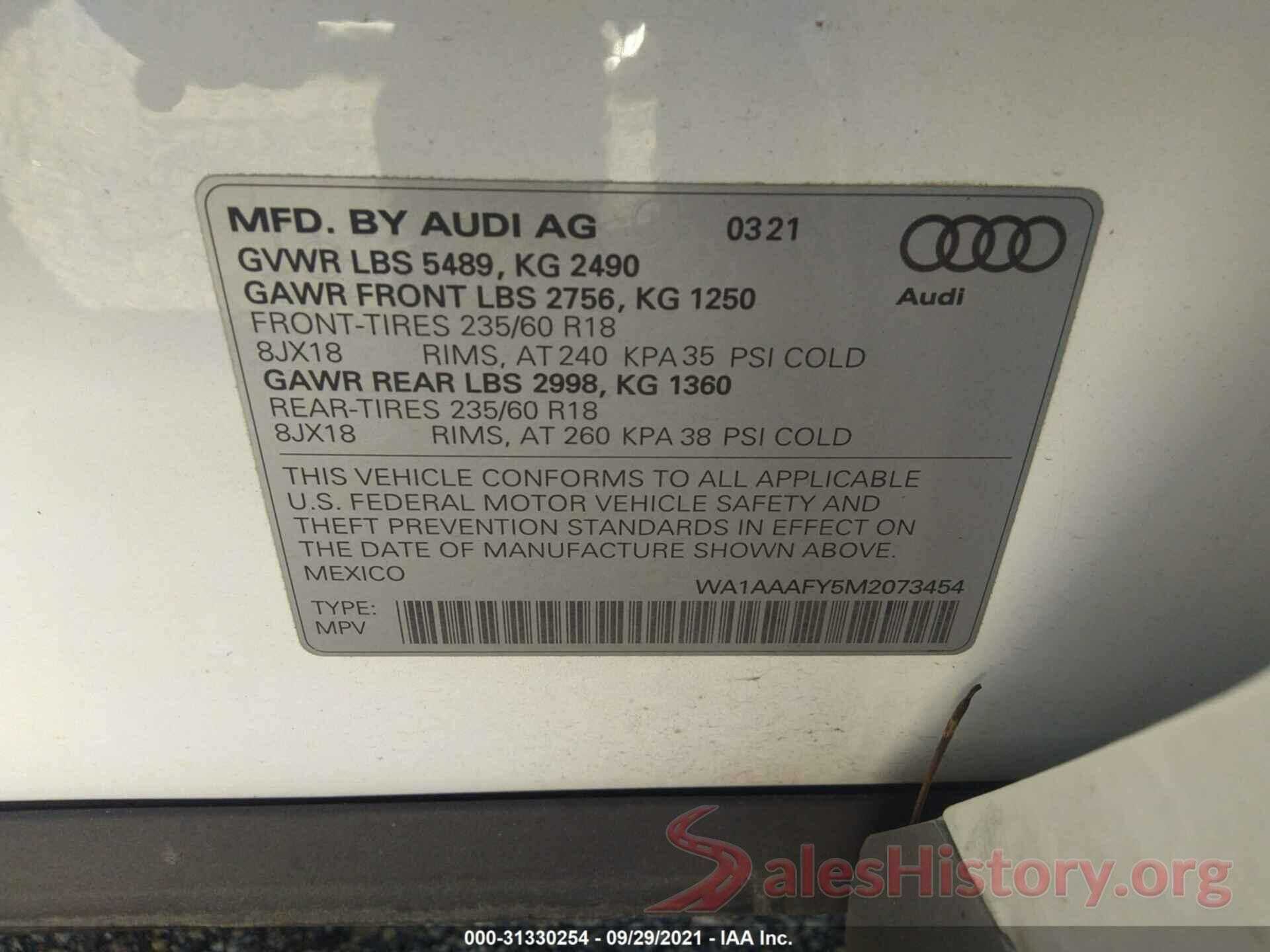 WA1AAAFY5M2073454 2021 AUDI Q5