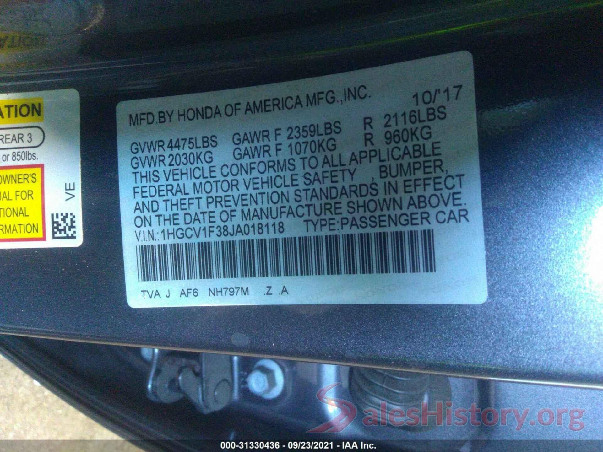 1HGCV1F38JA018118 2018 HONDA ACCORD SEDAN