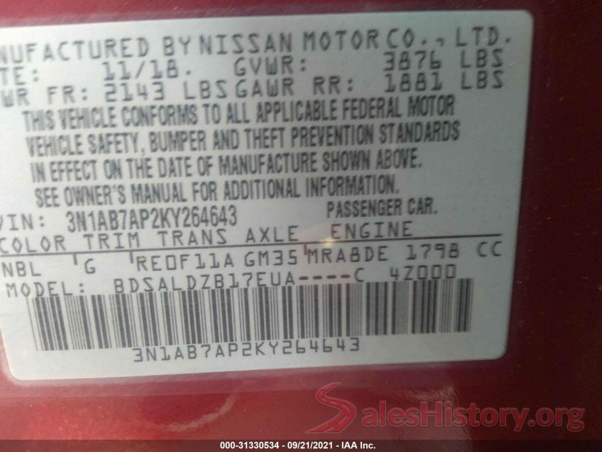 3N1AB7AP2KY264643 2019 NISSAN SENTRA