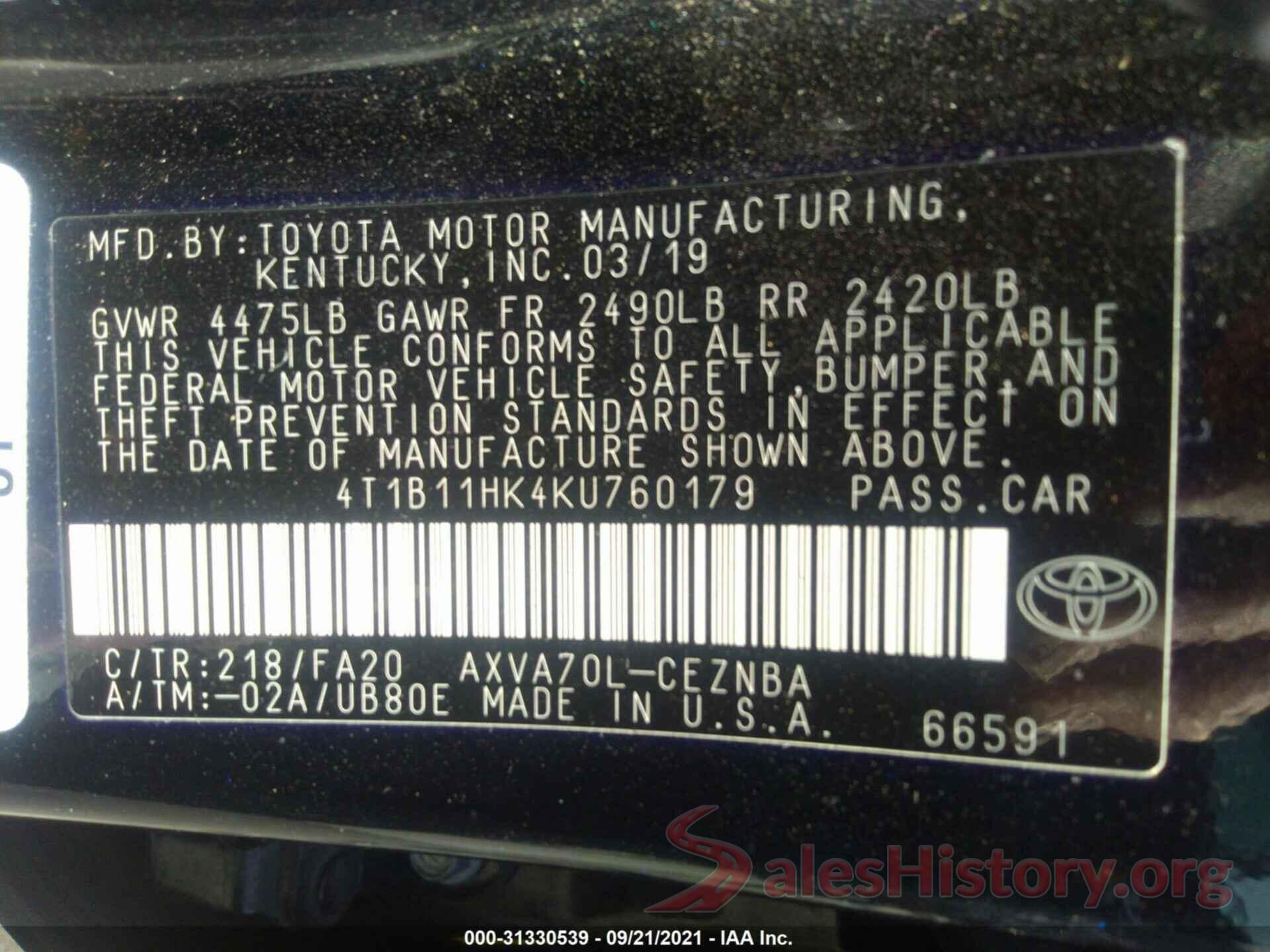 4T1B11HK4KU760179 2019 TOYOTA CAMRY