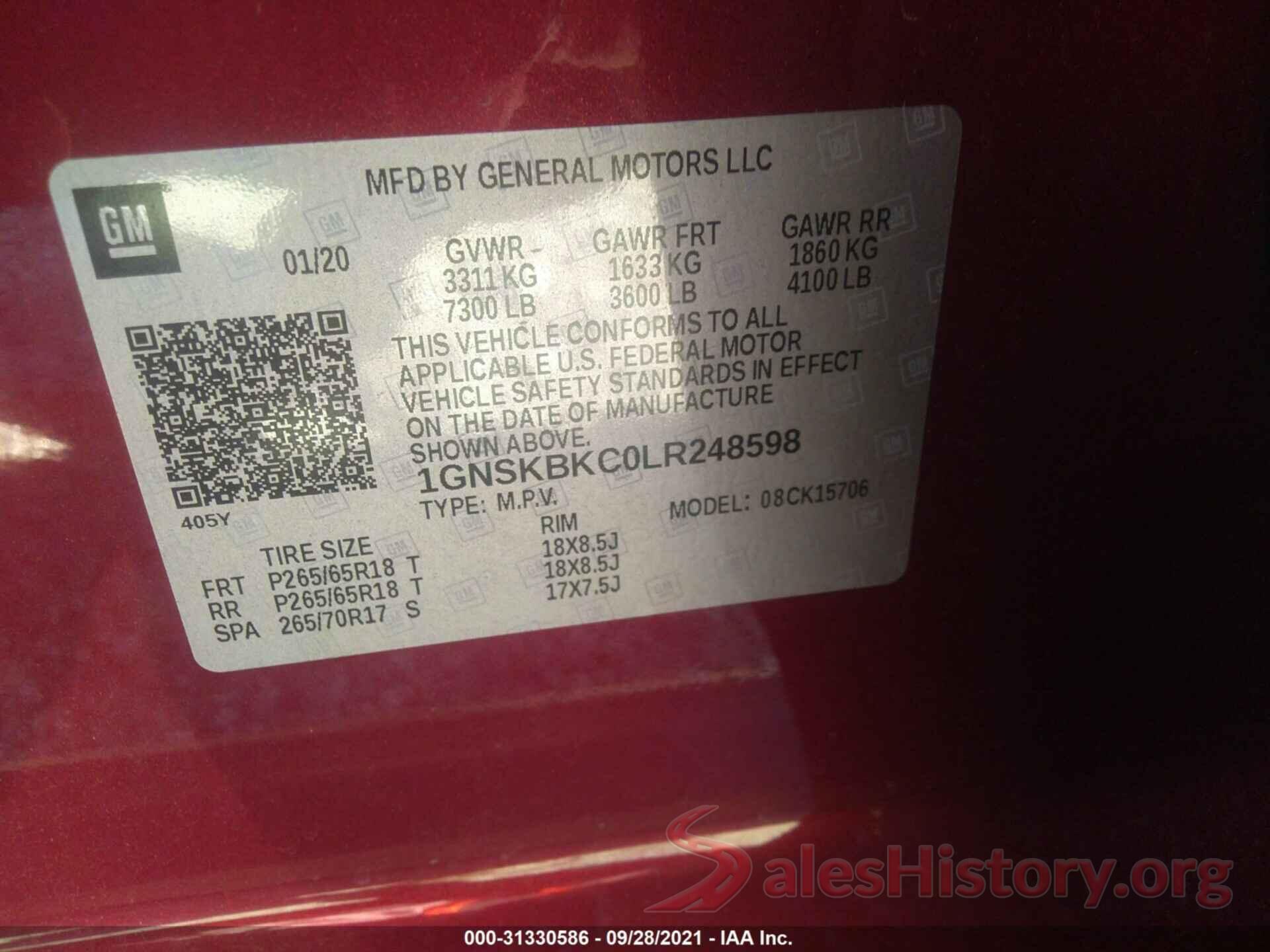 1GNSKBKC0LR248598 2020 CHEVROLET TAHOE