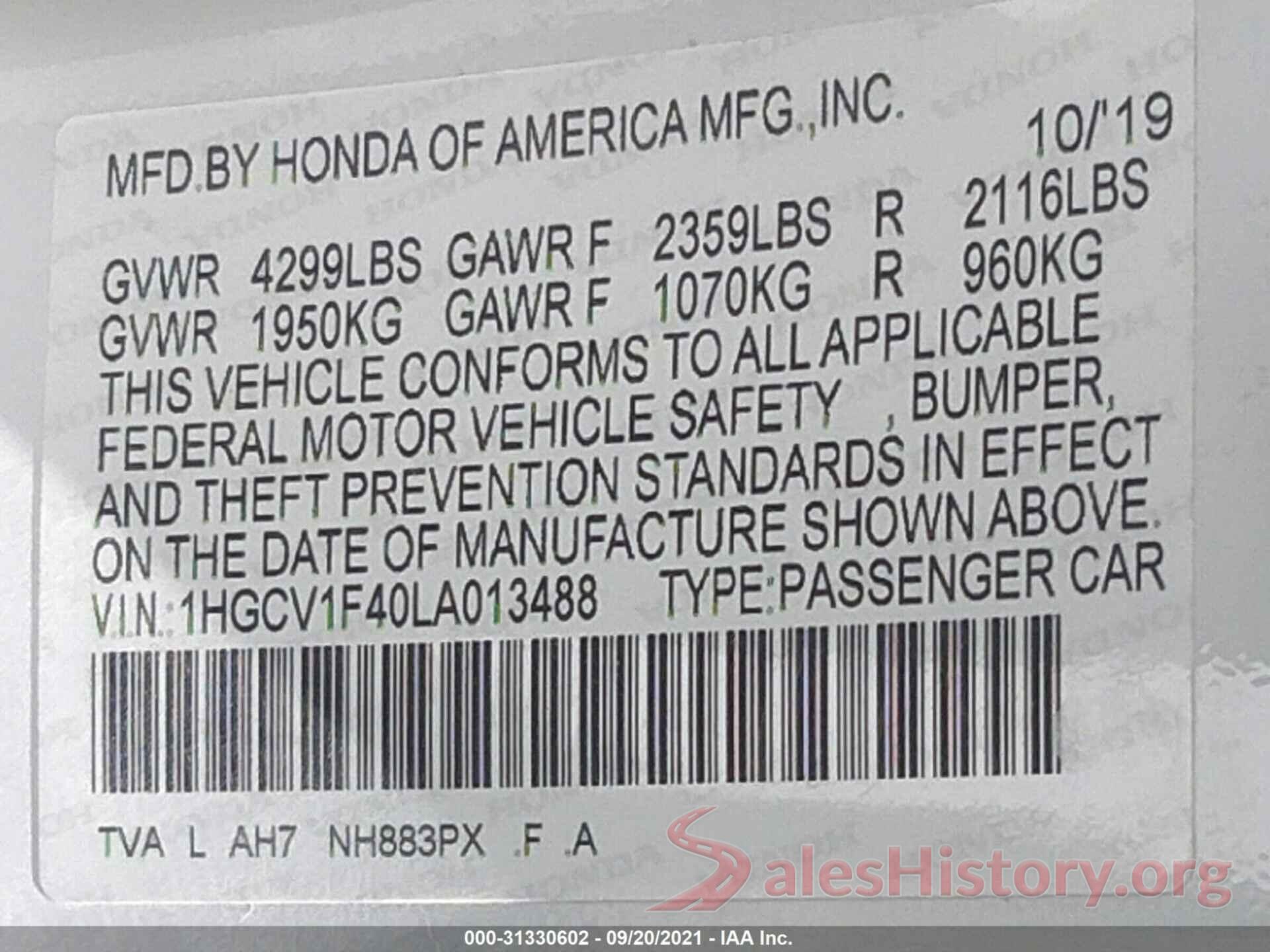 1HGCV1F40LA013488 2020 HONDA ACCORD SEDAN