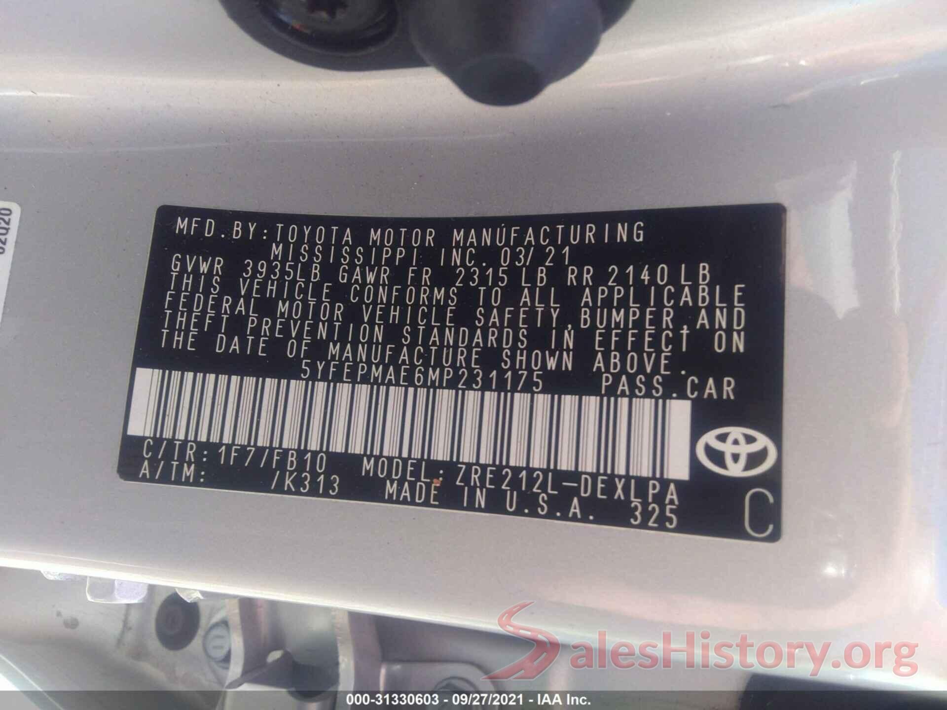 5YFEPMAE6MP231175 2021 TOYOTA COROLLA