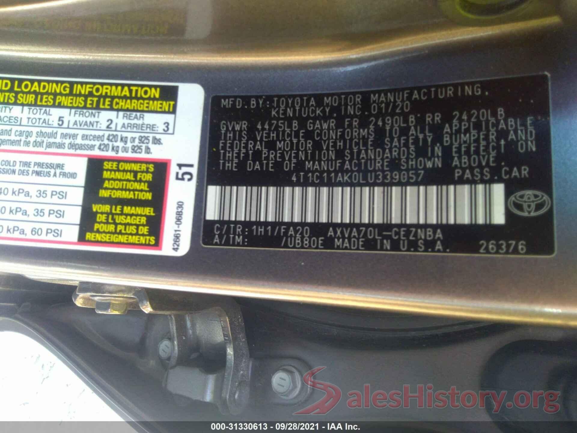 4T1C11AK0LU339057 2020 TOYOTA CAMRY