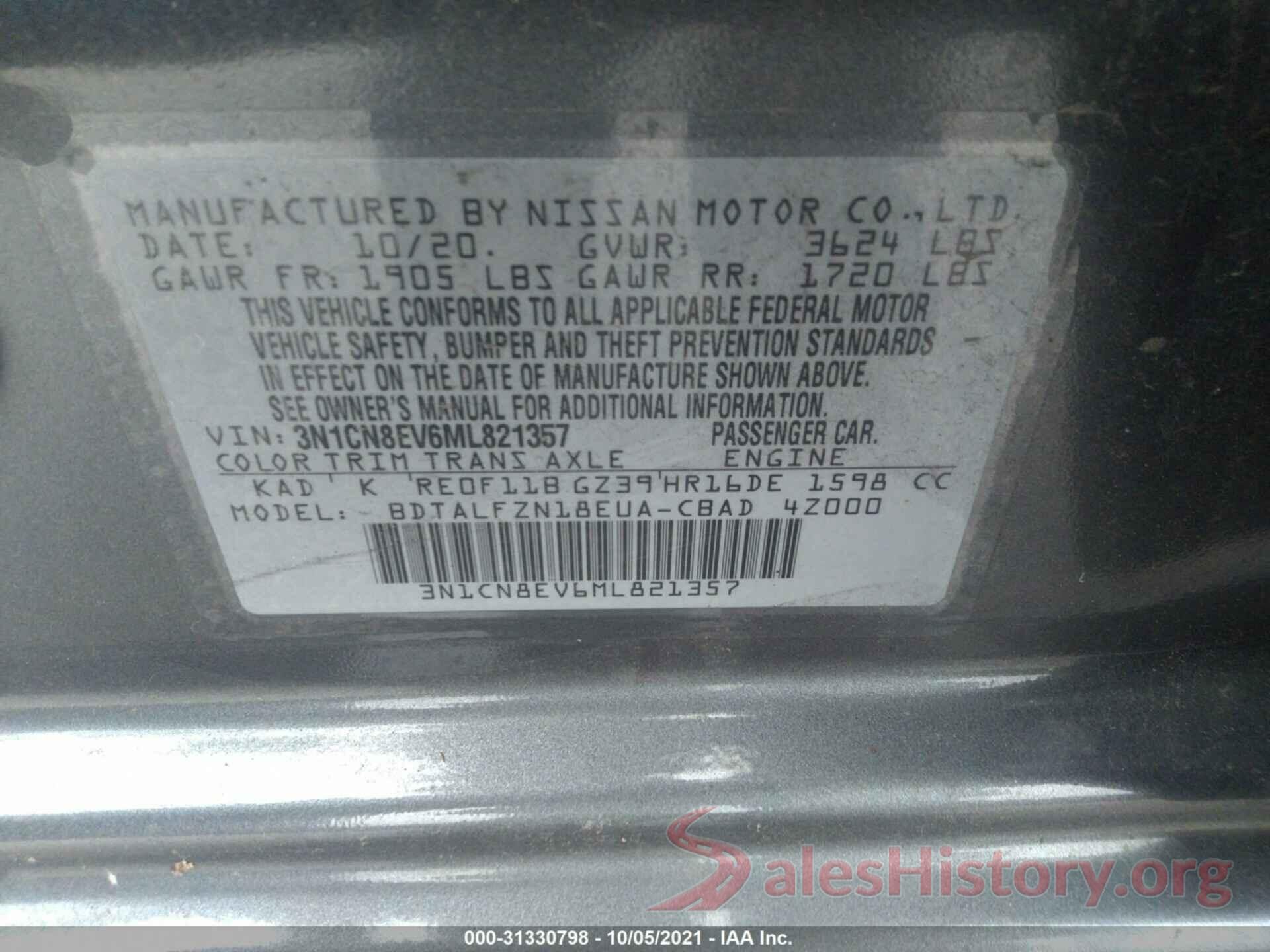 3N1CN8EV6ML821357 2021 NISSAN VERSA